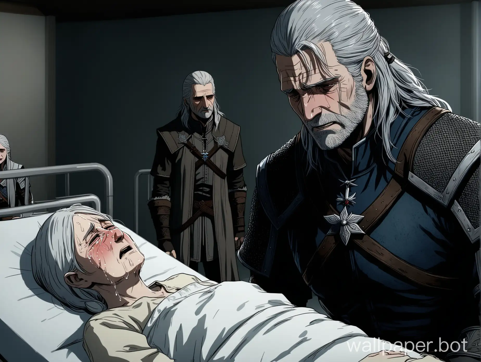 Geralt lies on a hospital bed, geralt grandfather, old, sad face, sad, crying; cries nearby stands daughter, crying, and relatives cry, crying