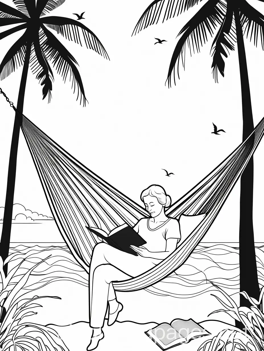 An elderly retired woman listening to classical music in a hammock strung between two white palm trees, wearing a white outfit, with a white-covered book in her hand., Coloring Page, black and white, line art, white background, Simplicity, Ample White Space.