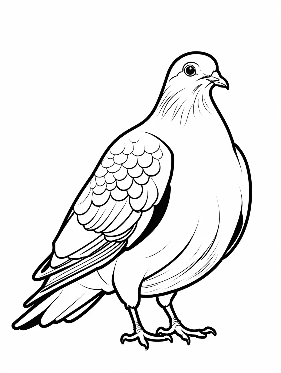funny looking pigeon, cartoon, pre school, Coloring Page, black and white, line art, white background, Simplicity, Ample White Space. The background of the coloring page is plain white to make it easy for young children to color within the lines. The outlines of all the subjects are easy to distinguish, making it simple for kids to color without too much difficulty
