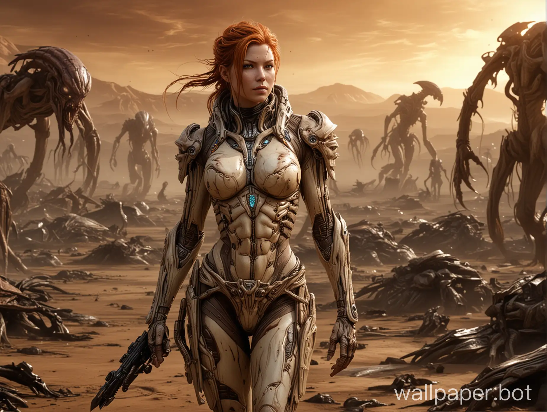 Sarah Kerrigan from the game Starcraft, in the guise of the Queen of Blades, walks across the scorched earth of an alien planet