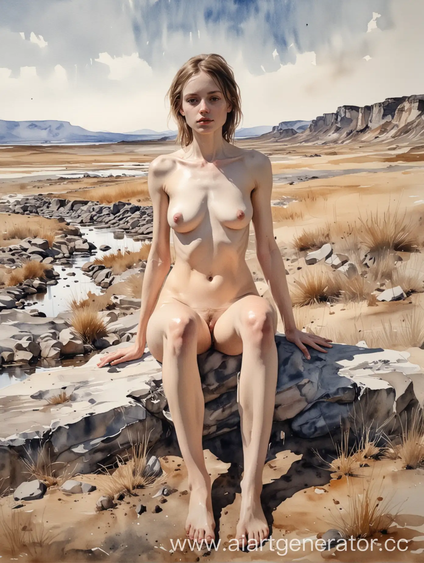 Watercolor-Landscape-with-Nude-Woman-Sitting-in-WideLegged-Pose