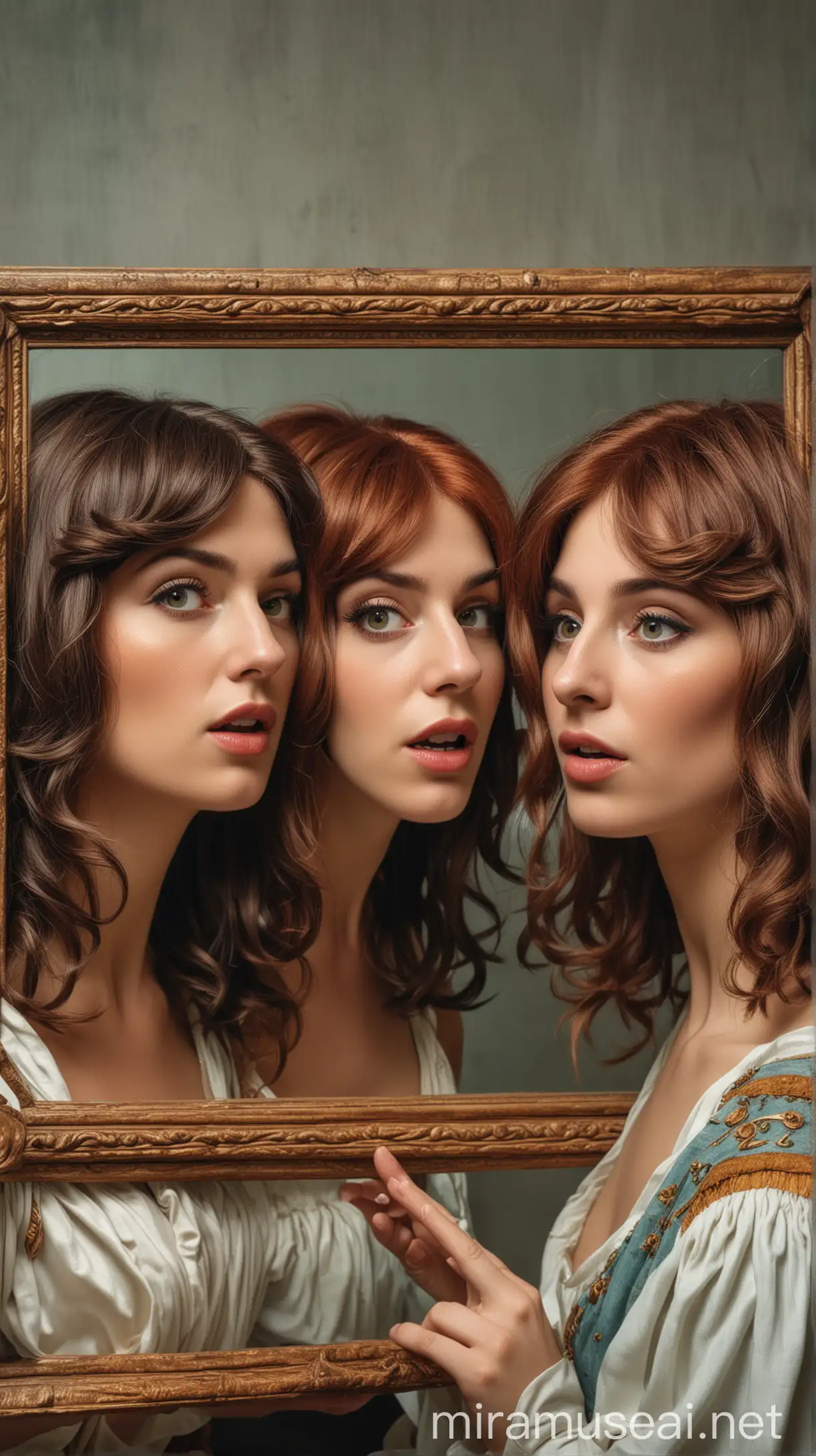 An illustration of Roman women admiring themselves in mirrors while wearing wigs made from Gallic hair, with envy evident in their expressions. hyper realistic