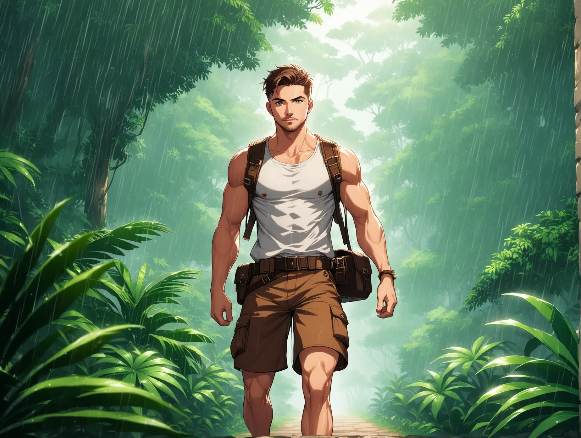 He is 28 years old.
He has a good figure.
His body is muscular.
His face is as handsome as alpha male.
He has a short beard.
He is 189 centimeters tall.
His eyes have warm and brave eyes and emerald-colored eyes.
His hair is Crew Cut style and black.
He's exploring alone in the magnificent jungle.
He's looking around.
He is dressed as an explorer.
Important: He is wearing a white top with his shoulders and arms exposed.
Important: He is wearing brown shorts.
Important: His shoes are brown.
Important: He is wearing a brown bag.
It's raining moistly.
pov looks at his head as a reference.
The background time is from 4:00 PM to 6:00 PM.
QWHD wallpaper (2560×1440 resolution)