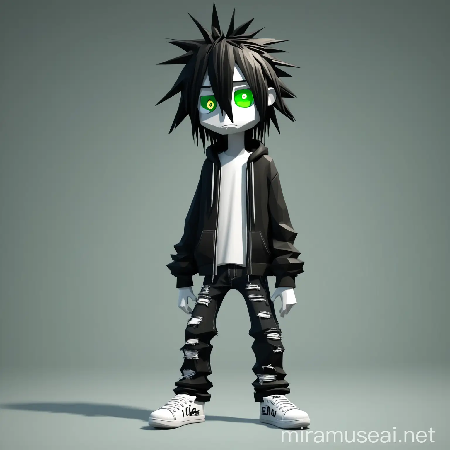 The cartoon depicts an emo boy, in the "T" position and in full height, in black baggy jeans and white low-top sneakers. He has long dark hair, disheveled and unkempt, green eyes.do this in the form of a cartoon small polygonal 3D character in full height (the head is smoother and larger).
