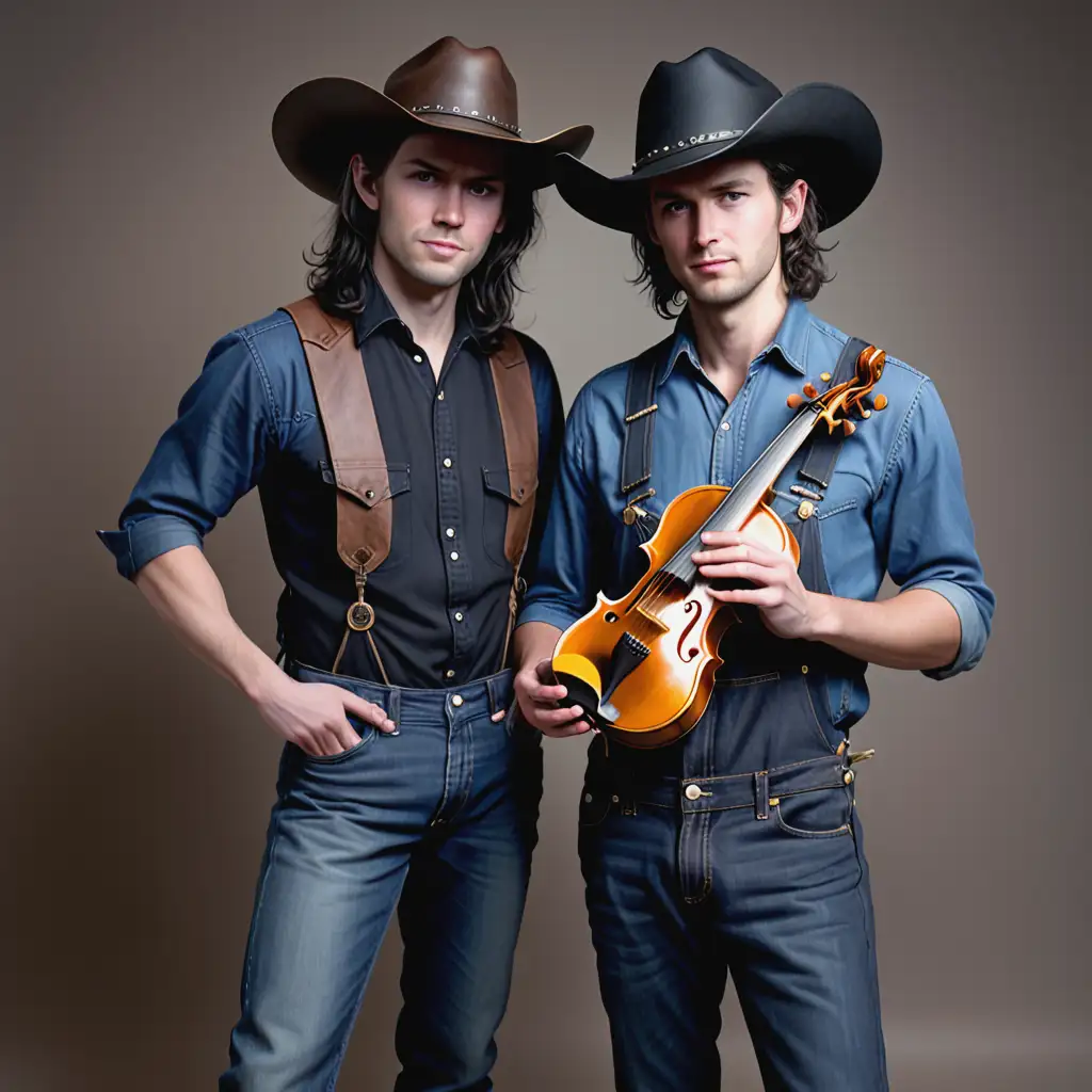 Two men are standing next to each other. One is younger and is holding a normal fiddle. He is wearing a dark cowboy hat, blue shirt and denim overalls. He is young, innocent and friendly looking. Standing next to him is another man holding a golden fiddle. He has a demon-like face. He is dressed in a black button down with dark jeans on. He has a dark cowboy hat and dark longer stringy hair. He has a sinister look to his face.