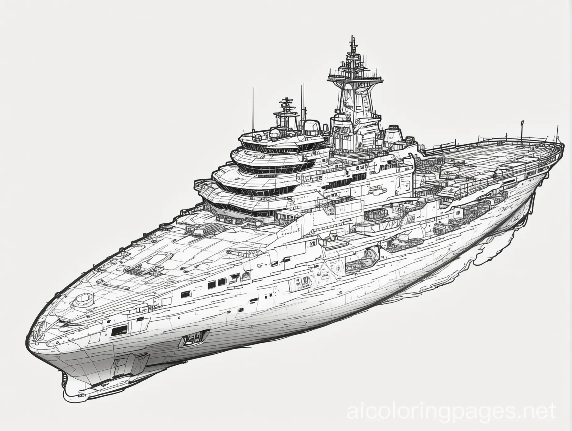 flight deck ship, Coloring Page, black and white, line art, white background, Simplicity, Ample White Space. The background of the coloring page is plain white to make it easy for young children to color within the lines. The outlines of all the subjects are easy to distinguish, making it simple for kids to color without too much difficulty