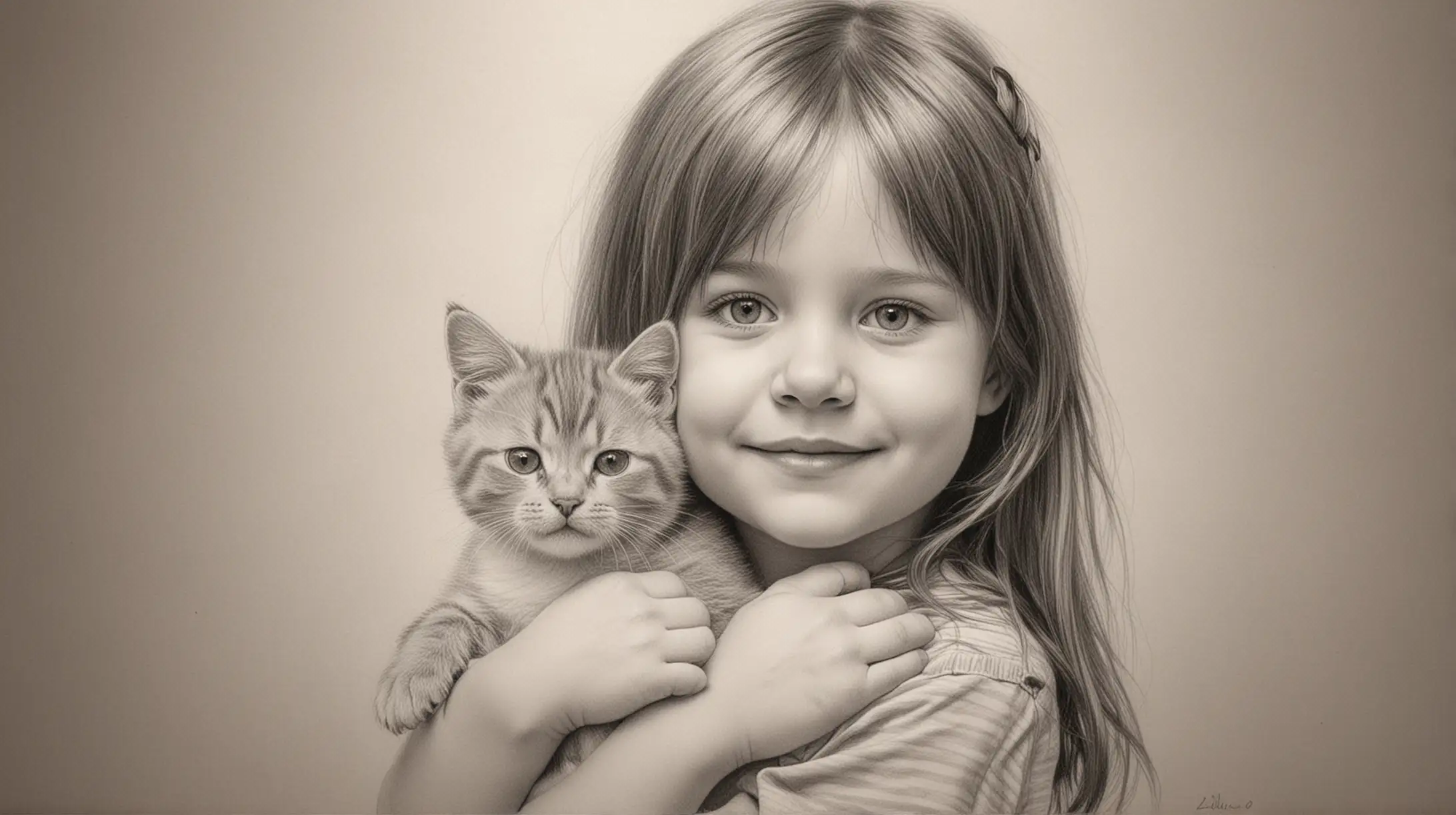 Adorable Little Girl Holding a Cute Cat Heartwarming Pencil Drawing