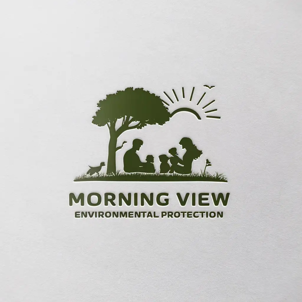a logo design,with the text "Morning View Environmental Protection", main symbol:Father, mother, a little girl, and a dog sitting on the grass with a rising sun and a few birds in the background, surrounded by trees and flowers, and a river. White background.,Minimalistic,clear background