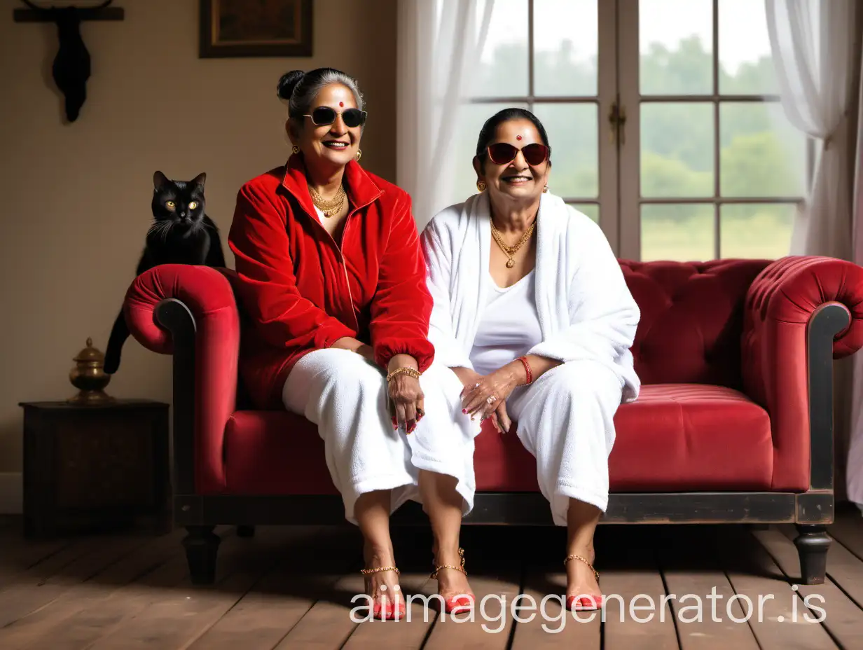 a mature fat indian woman having age 50 years old with make up and wearing a wet  red bomber jacket  with white bath towel and wearing high heels , thick hair with bun style, anklet on legs, gold necklace in neck, and a power spectacles on ears, she is doing  meditation on a luxurious sofa  , in a wooden floor of a farm house, she is happy and smiling  , near a  black cat is sitting there
