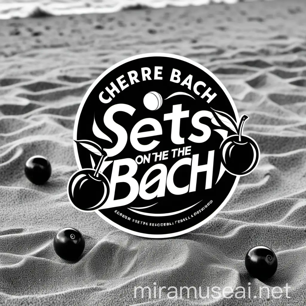 Black and white logo with slogan "Sets on the Beach" and graphic of volleyballs as cherries