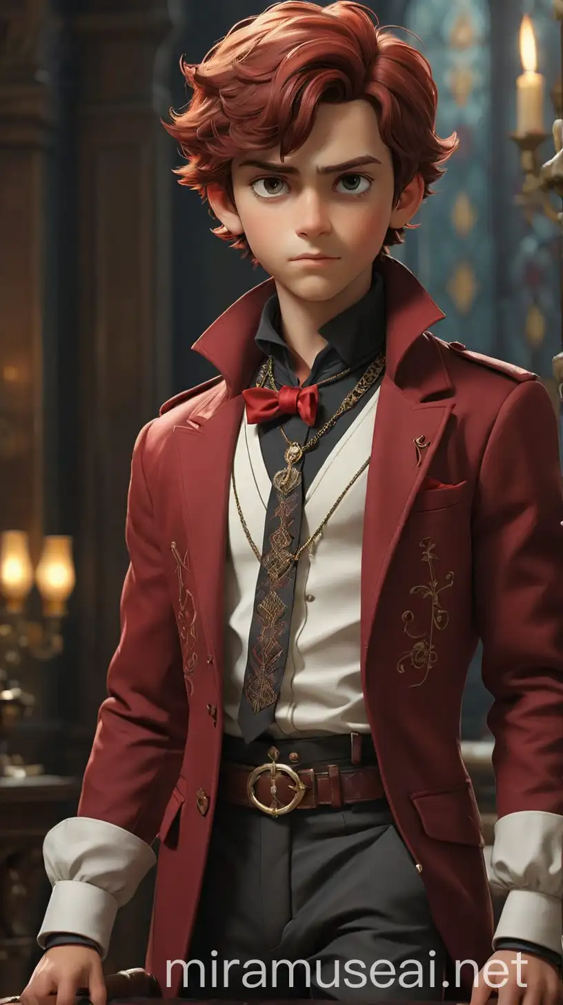 A mysterious and enigmatic young man, with an air of sophistication and intrigue inherited from his mother, the Red Queen. He has a tall and lean build, with sharp features and piercing eyes that seem to see through to the heart of any matter. The Boy's hair is a rich shade of mahogany red, styled in a sleek and sophisticated manner that frames his face with precision. His eyes are a deep shade of crimson, intense and focused, reflecting his keen intellect and unwavering determination. His outfit embodies a fusion of 2020s Wonderland, dark academia, princecore, and knightcore aesthetics, with chess elements woven throughout. He wears a tailored suit in light and medium shades of red, crafted from luxurious fabrics that drape elegantly around his figure. The jacket is adorned with intricate embroidery and embellishments, reminiscent of the regal attire worn by knights and princes. Underneath the jacket, he wears a crisp white shirt with a high collar, accented with a red bow tie that adds a touch of sophistication to his ensemble. The Boy's trendy fashion cargo pants with pockets are a deep shade of black, tailored to perfection and adorned with subtle red piping, adding a hint of color and flair to his look. On his feet, he wears polished black leather boots with red accents, ensuring both style and comfort for his royal duties and strategic maneuvers. The Boy accessorizes himself with a silver pocket watch chain, adding a touch of old-world charm to his ensemble. In his hand, he carries a cane adorned with intricate carvings and embellishments, reminiscent of a knight's sword and adding to the regal elegance of his ensemble. The Boy's demeanor is composed and confident, with an air of authority that commands respect from all who meet him. Overall, The Boy exudes an aura of power and sophistication, blending elements of fantasy, intellect, and nobility in his captivating fashion choices. 