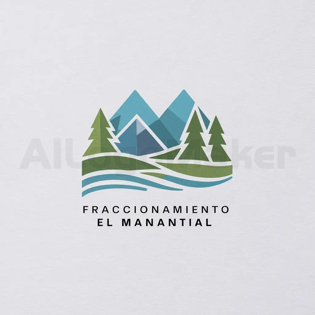 a logo design,with the text "Fracionamiento el Manantial", main symbol:Generate a modern logo for Fraccionamiento El Manantial, using as main elements mountains in blue tones, pine trees in green tones and a representation of flowing water in the foreground. The background should be white and the design should convey a sense of tranquility and nature.,Minimalistic,be used in Real Estate industry,clear background