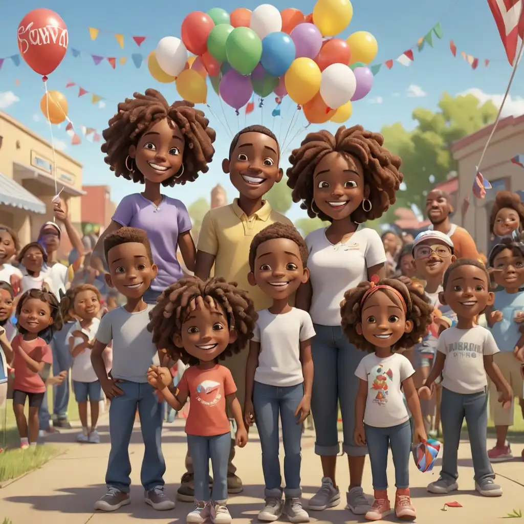 defined 3D cartoon-style African Americans at the community center park with balloons and flags in New Mexico smiling 
