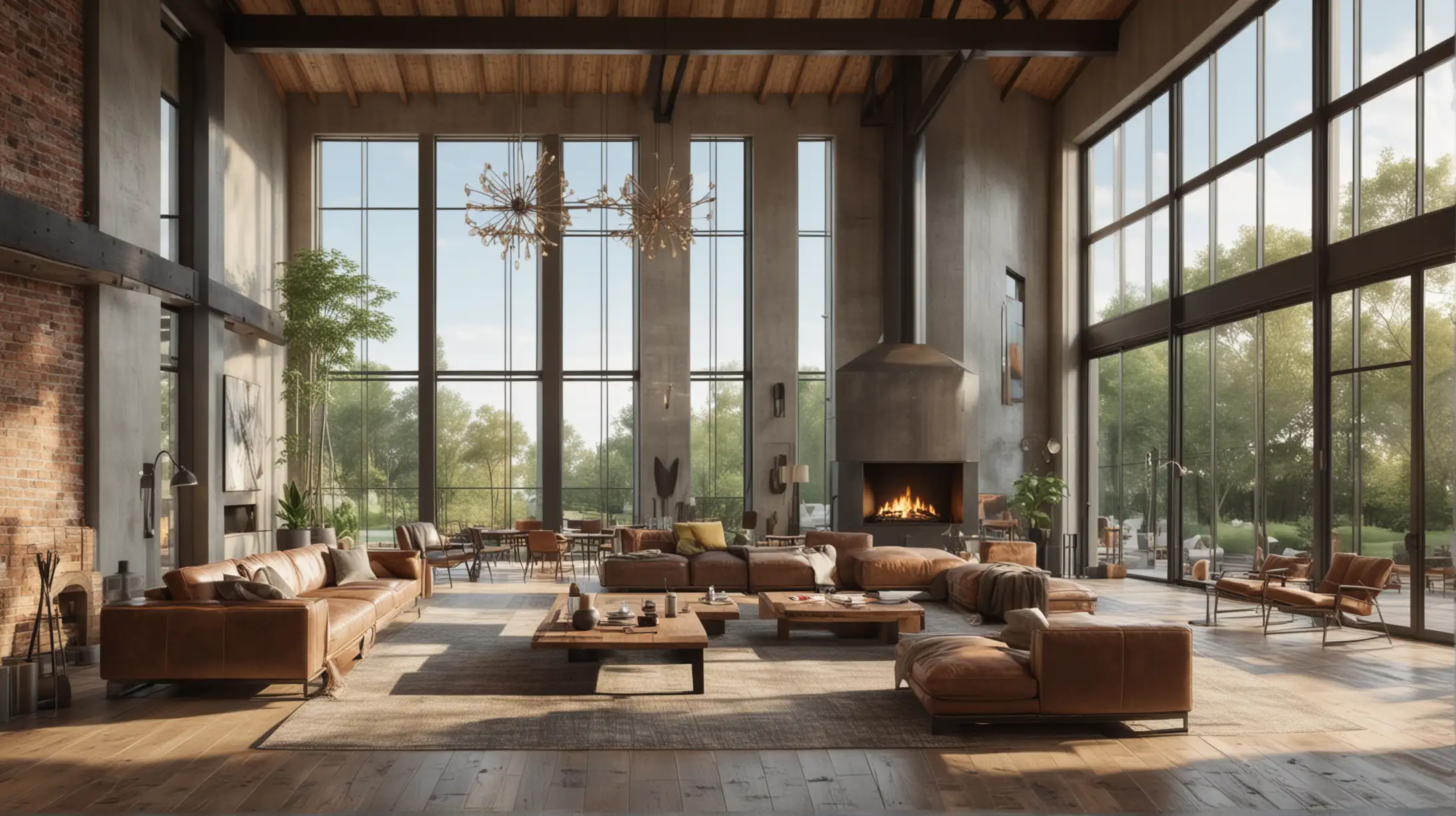 A high-ceiling industrial-style living room with exposed wooden beams, a stand-alone fireplace, and one huge two-story glass picture window with no panes that takes up the entire wall, modern furnishings. Photographic quality, highly detailed, cinematic lighting.