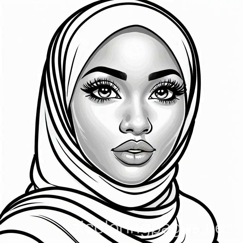 colouring page of an african american hijabi with big eyes, full lips, long lashes, posing for a picture, Coloring Page, black and white, line art, white background, Simplicity, Ample White Space