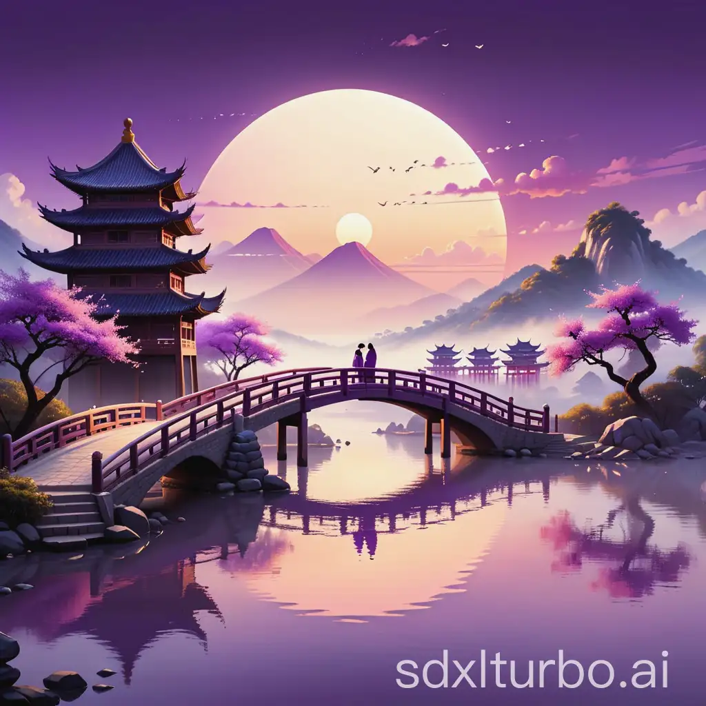 Generate a cozy logo, Chinese style, purple sky, romantic and warm, distant bridge has two figures meet