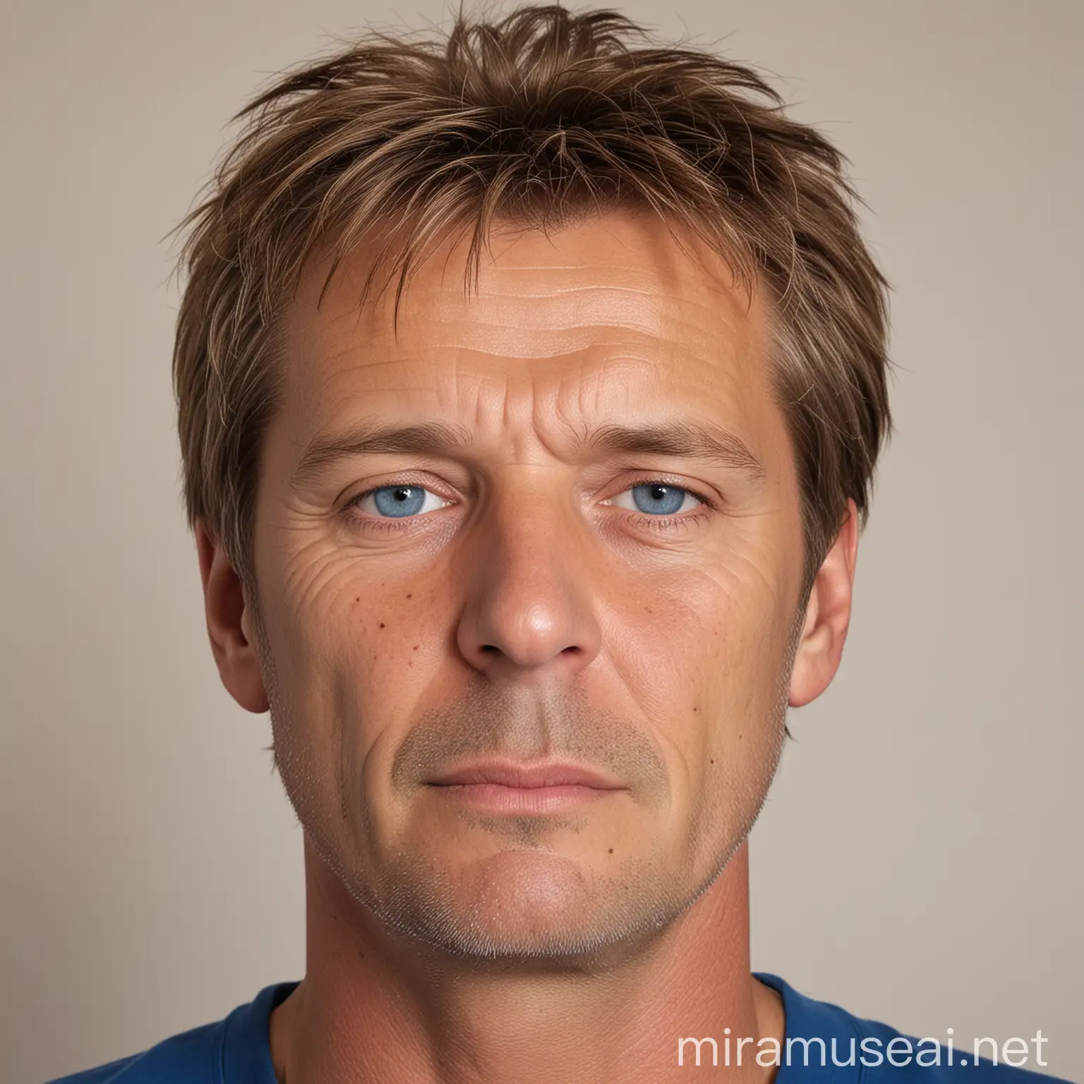 Mature Man with Short Light Brown Hair in Blue TShirt
