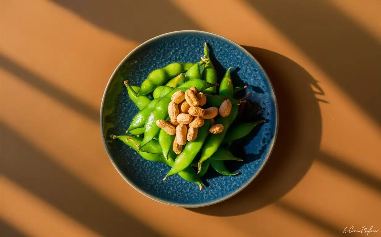 A plate of edamame and peanuts and beer, which is the way to eat shelled up in Japan.  The background color should be light brown wood.   High resolution, taken with an canon r5, photorealistic style, professional photography, sharp focus, high dynamic range, natural lighting, good exposure, studio quality, high contrast, vibrant colors, natural look.