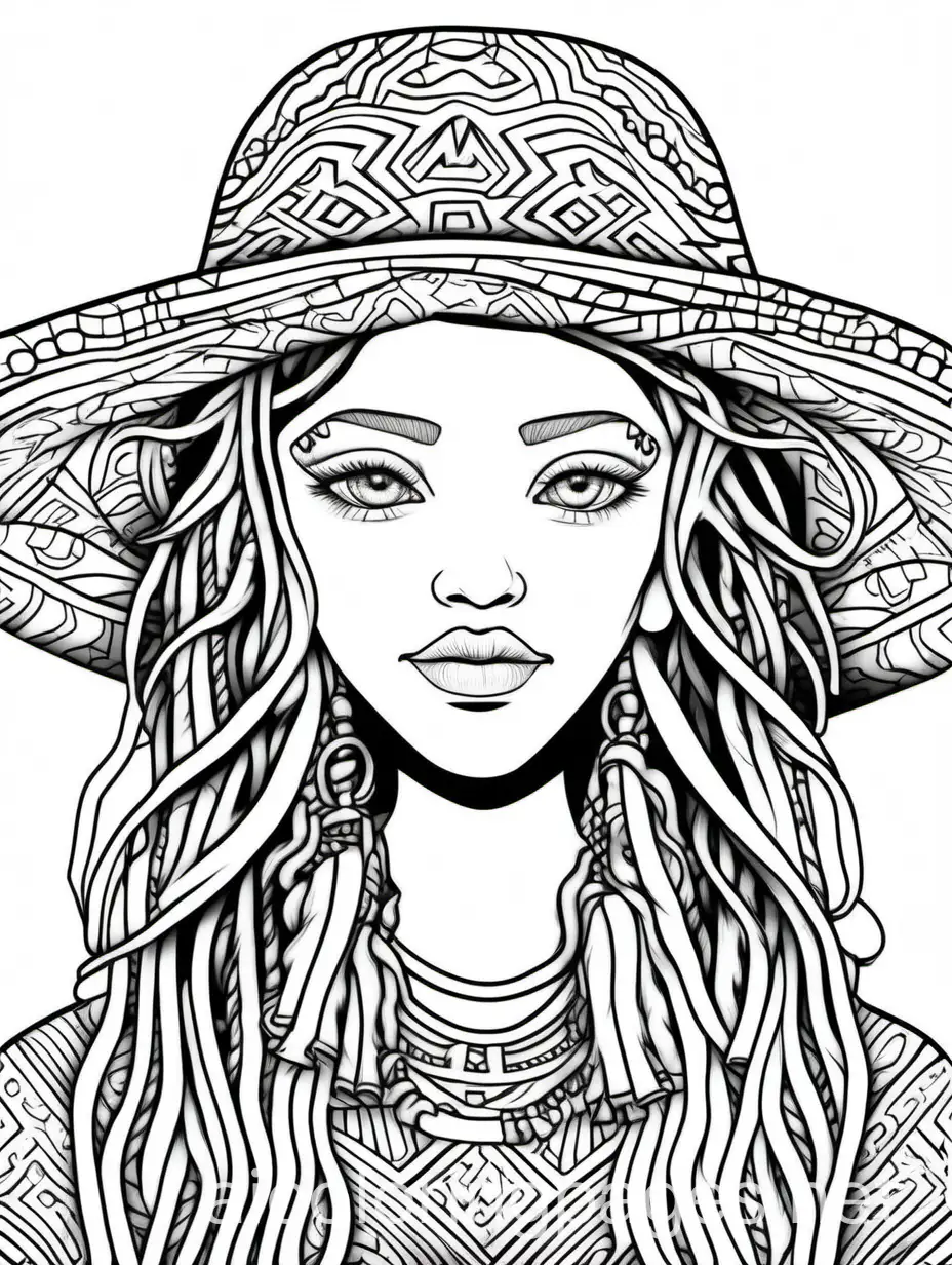 a dainty caucasian female in an oversized hat with patterns on it, give her long hair in dreadlocks, give her a naked patterned body., Coloring Page, black and white, line art, white background, Simplicity, Ample White Space. The background of the coloring page is plain white to make it easy for young children to color within the lines. The outlines of all the subjects are easy to distinguish, making it simple for kids to color without too much difficulty