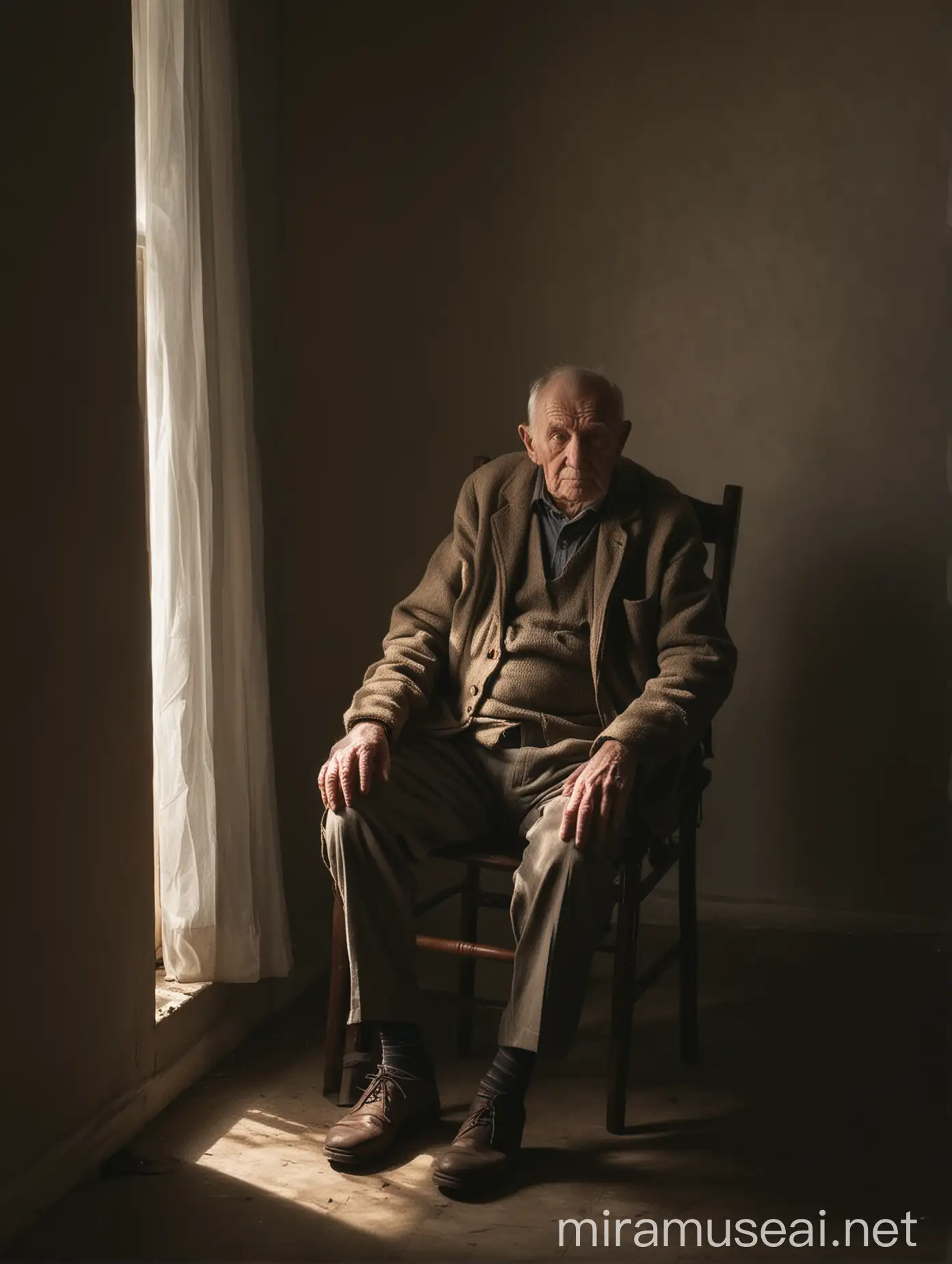 Old man next to a window sitting on a chair lit by single light source