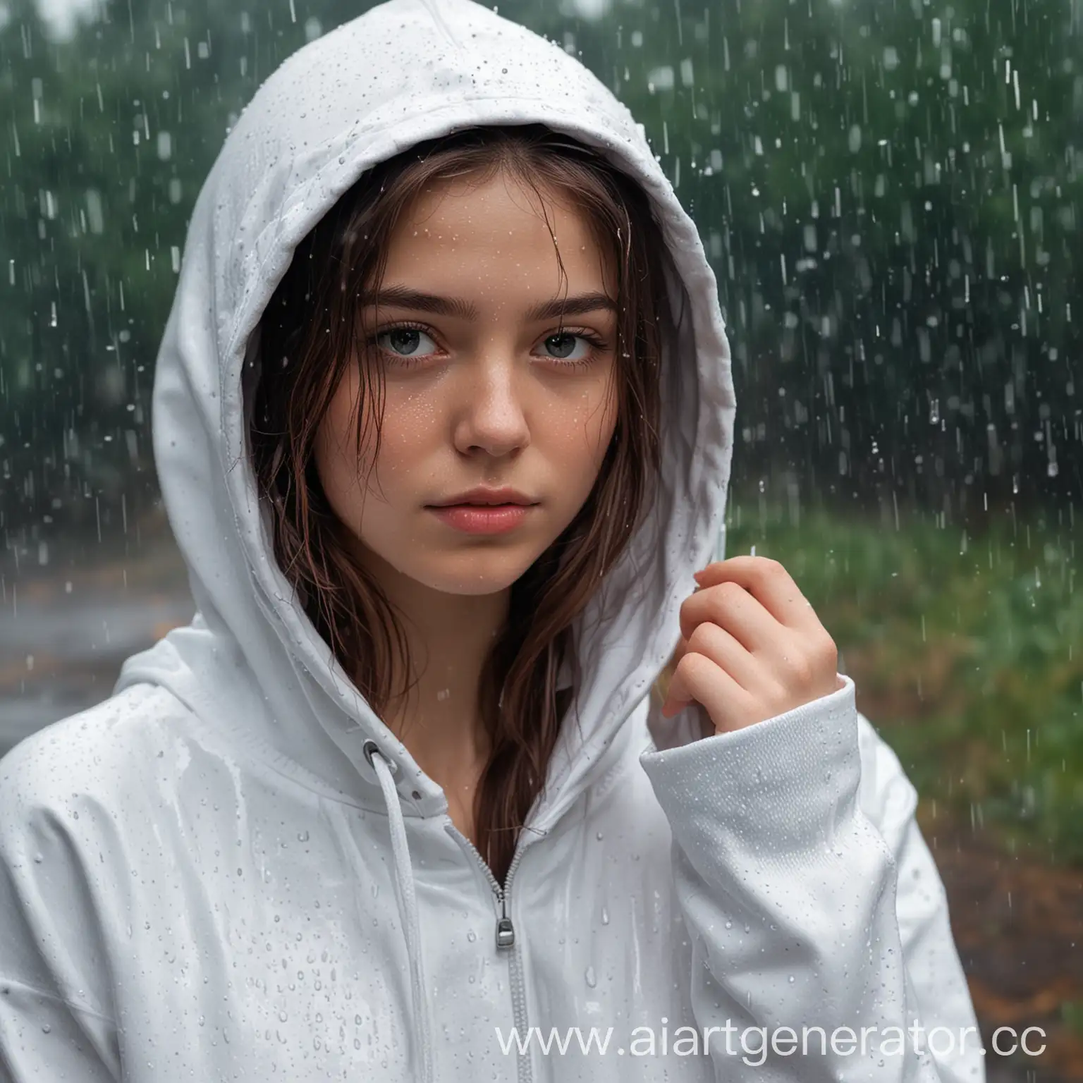 A girl in a white hoodie stands in the rain with a hood