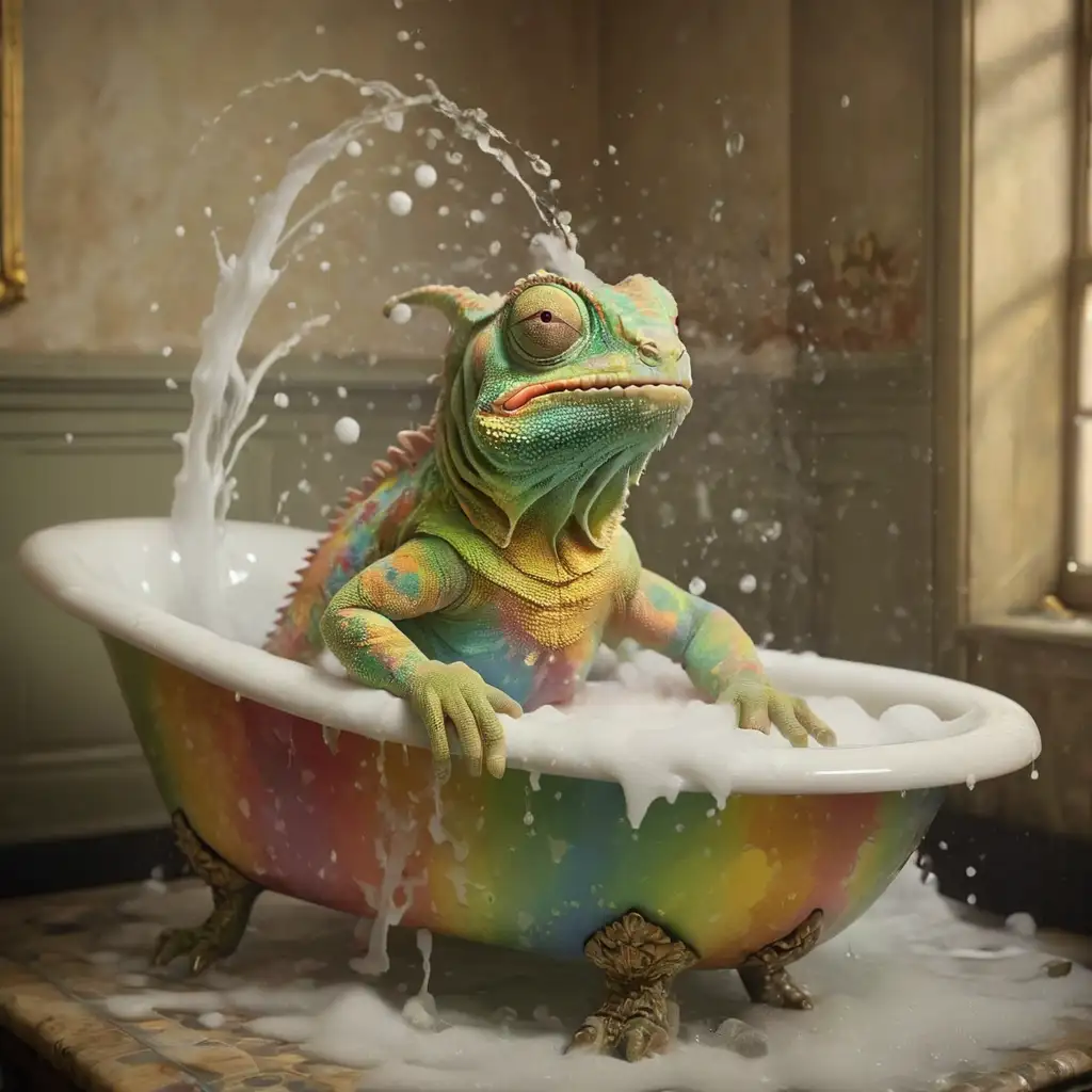 A A beautiful and funny photo from the Victorian era. A funny normal-sized chameleon with beautiful rainbow colors takes a bath in the bath with foam is submerged. The bathroom is beautifully decorated from the Victorian era, on the bath stands a normal-sized bottle of Dom Perignon champagne with a glass filled. A climate with Victorian-era humour.
