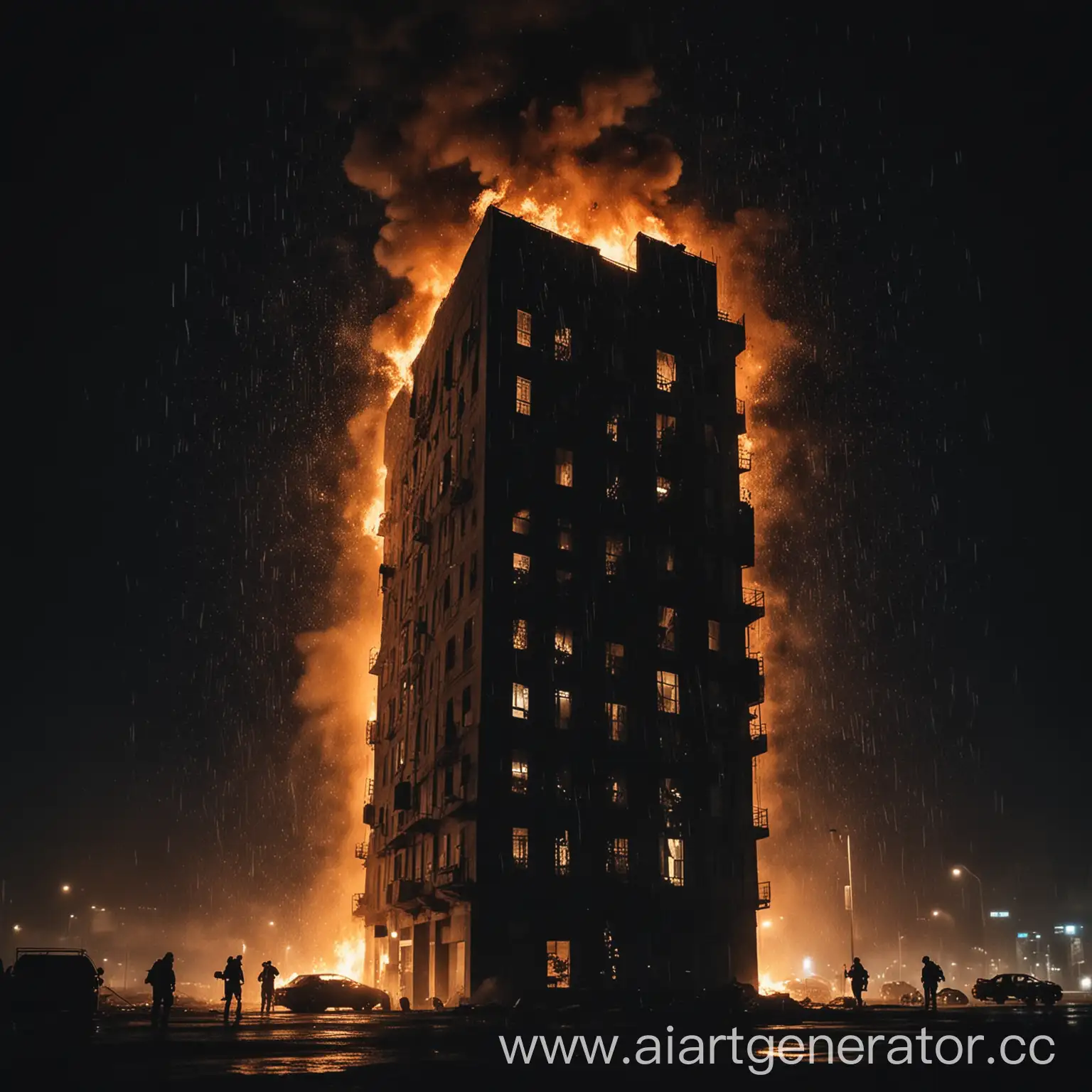 Urban-Fire-Burning-HighRise-Amidst-Rainy-Night-with-Fleeing-Figures-in-Silhouette