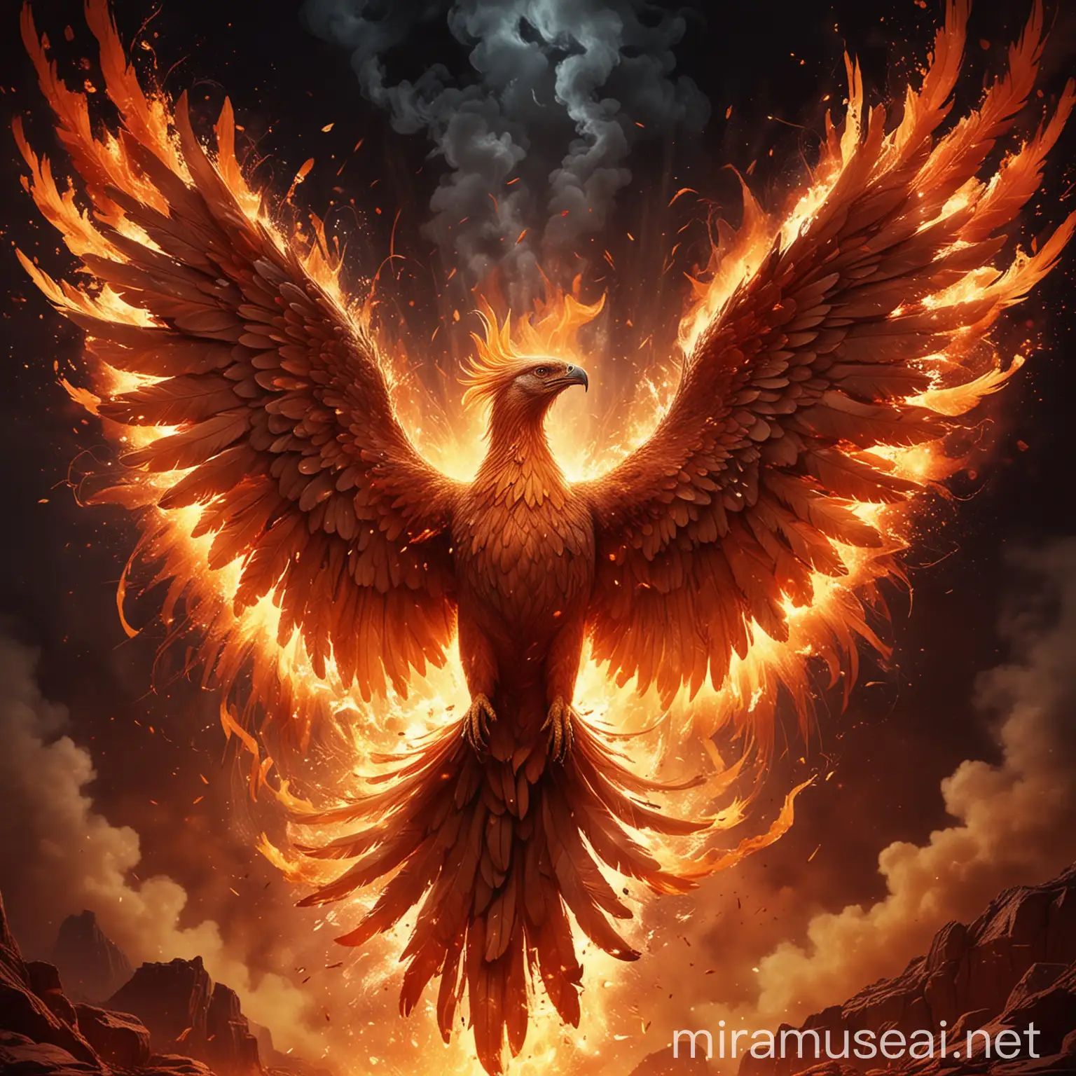 /imagine prompt: A majestic phoenix breaking free from chains, rising from a fiery background. The chains are shattering into glowing fragments, symbolizing freedom from addiction. The phoenix's feathers are vibrant, with colors of red, orange, and gold, depicting the essence of rebirth and transformation. The background shows a transition from darkness to light, emphasizing hope and new beginnings. The eyes of the phoenix are determined and full of life, with a radiant glow. Incorporate elements of smoke and sparks around the phoenix to enhance the dramatic effect. --ar 16:9 --v 5 --q 2 --style vibrant --no text