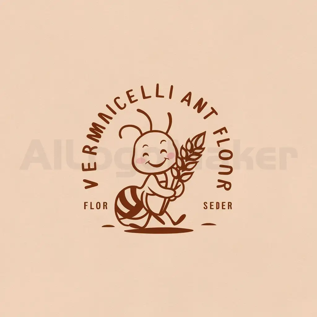 a logo design,with the text "vermicelli ant flour", main symbol:ant, hold wheat ear, cute, smile, background warm not want shadow,Minimalistic,be used in flour mill industry,clear background