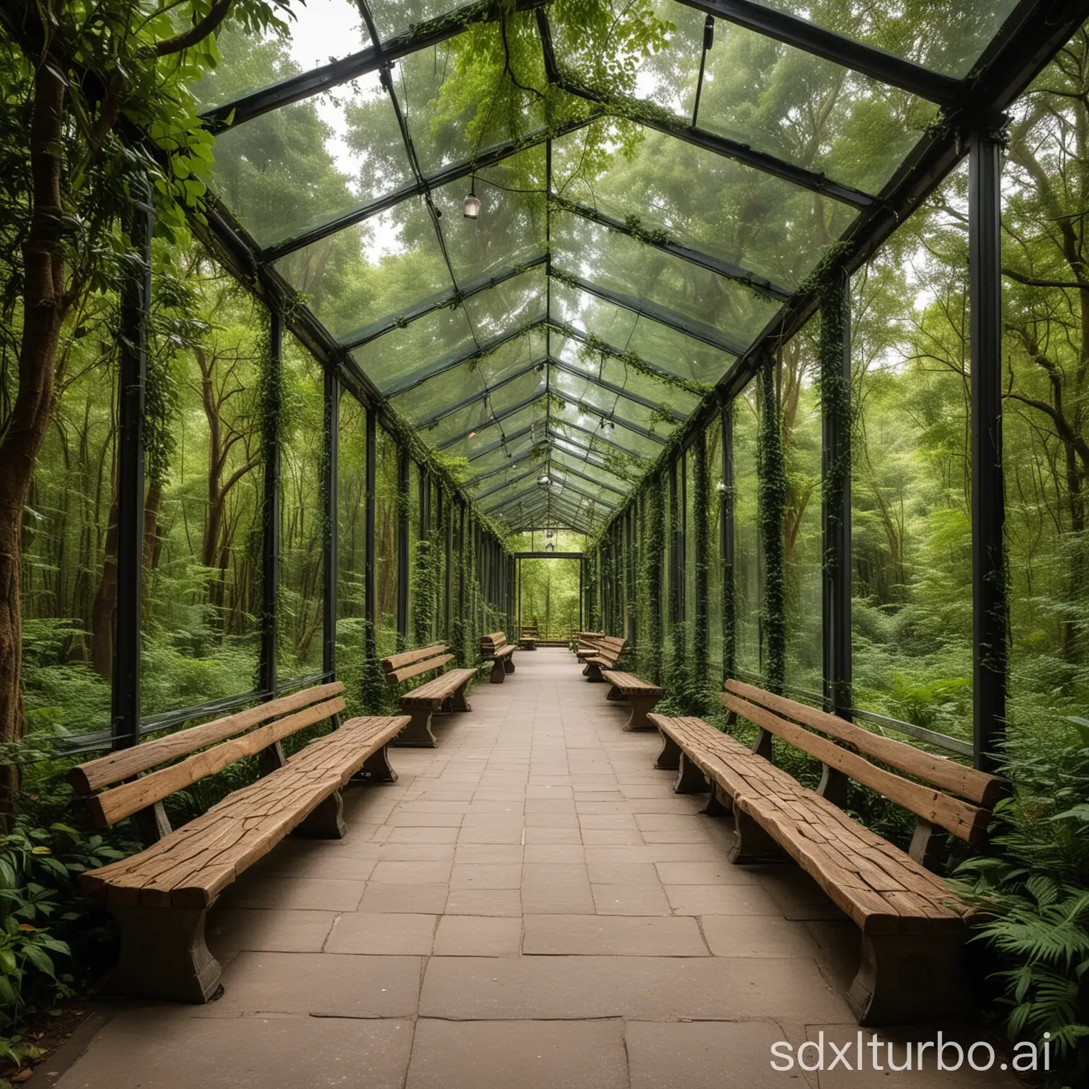 Eine gerade Promenade mit einer Glasüberdachung, die mitten durch einen dicht bewachsenen Regenwald führt, idyllische romanische Lichtstimmung. An den Seiten befinden sich einige Bänke zum Ausruhen und Dekoelemente. Weitwinkel