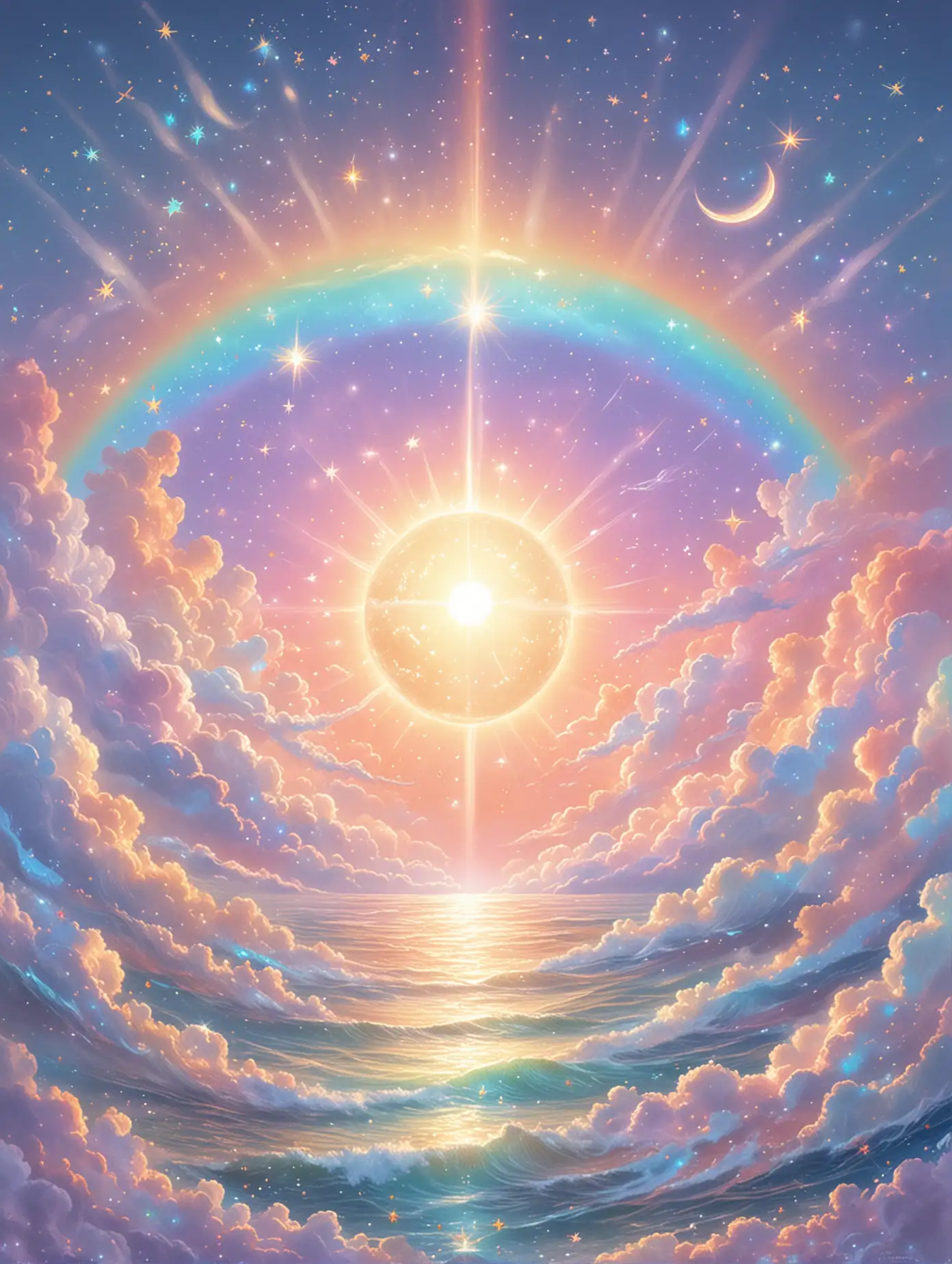 please create a peaceful heavenly harmonious pastel rainbow sparkly heavenly magical artwork of the sun, moon, stars, earth, and ocean