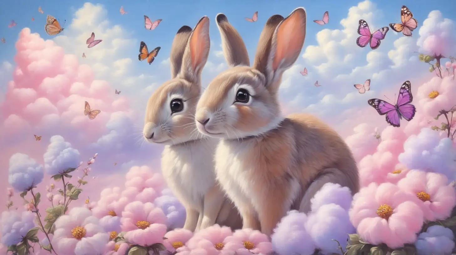 Charming Oil Painting of Mother Rabbit Baby Rabbit and Butterfly with Floral Cupcake