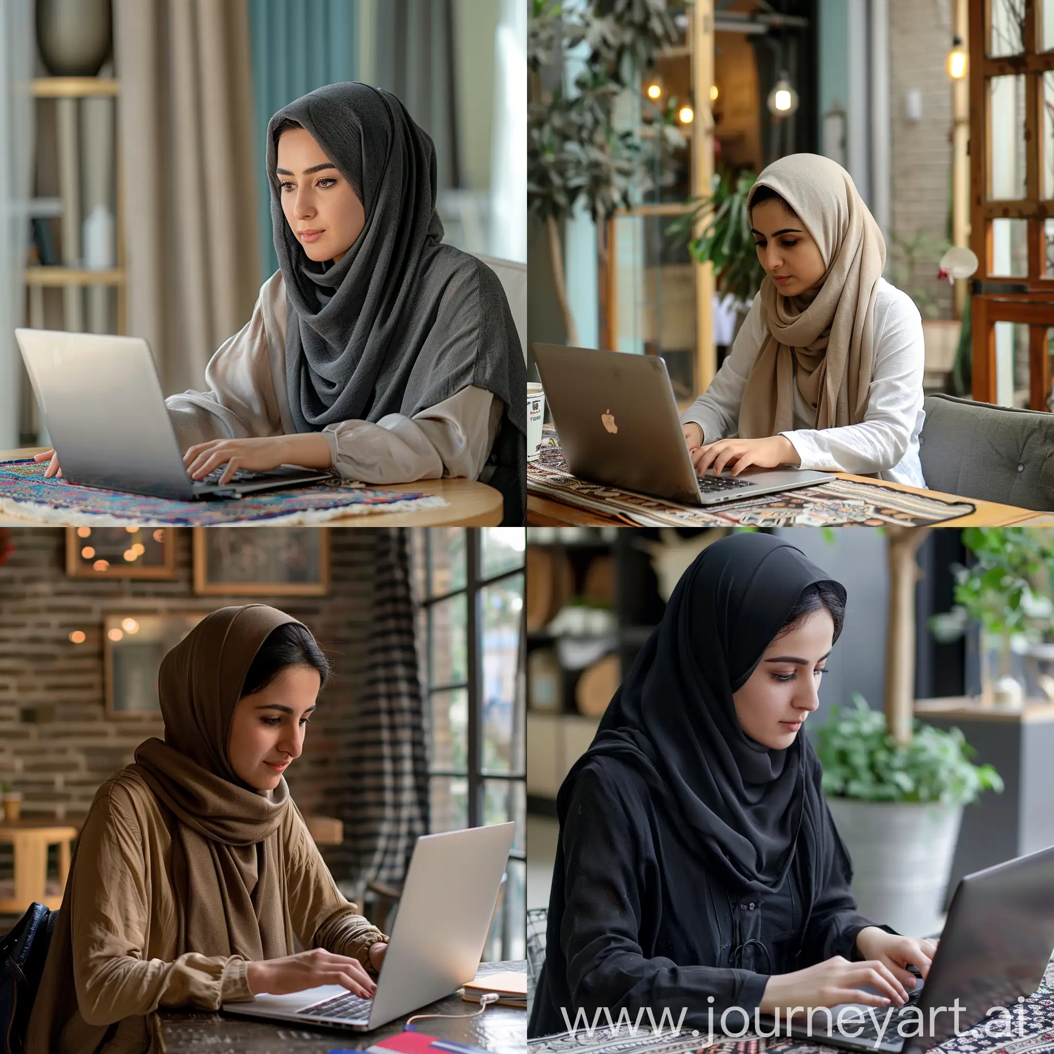 An Iranian girl wearing hijab, about 25 years old, working with a laptop at the table