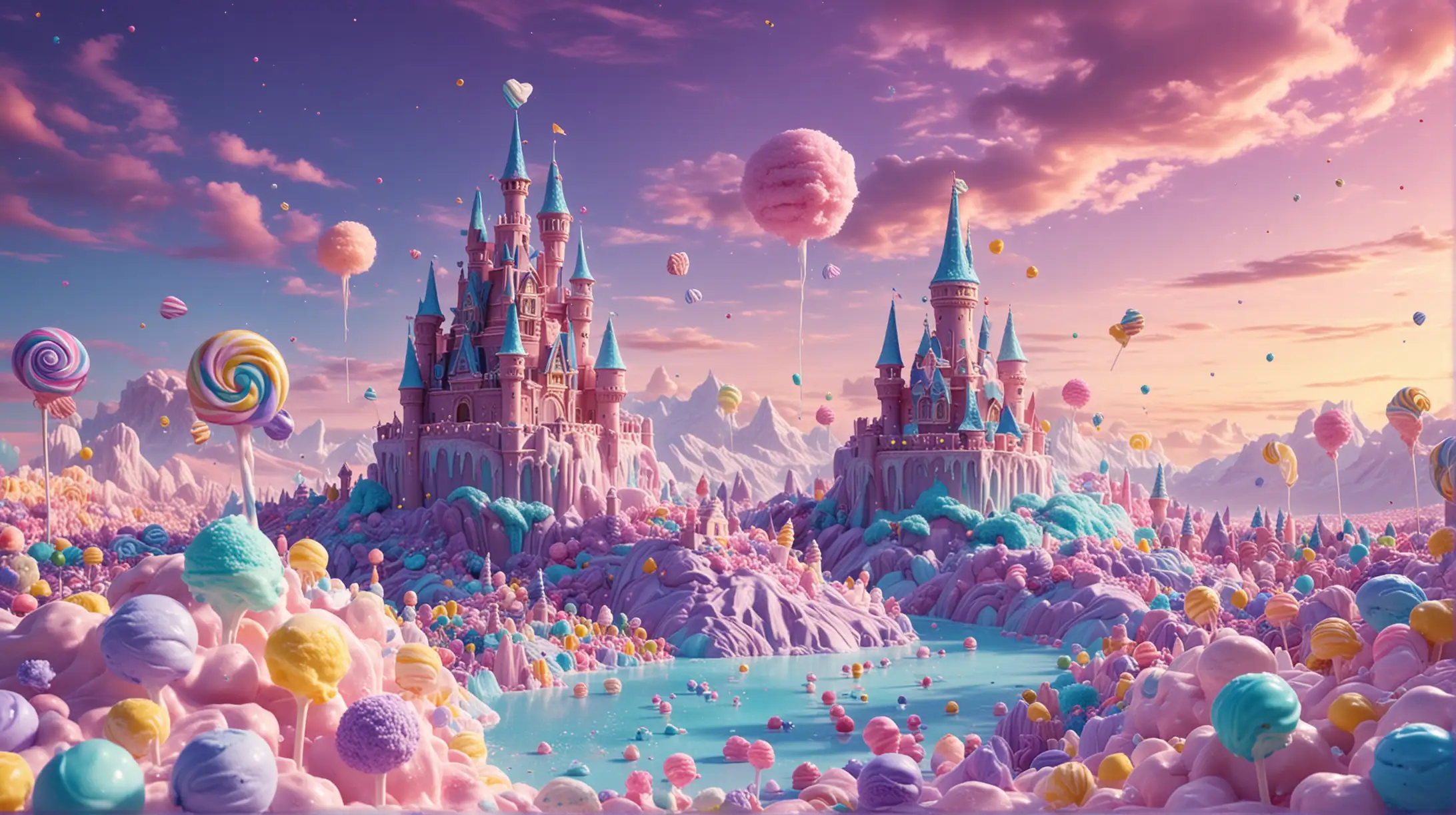 Fairytale candy castles. Whimsical candy wonderland. Lollipops by magical bright-turquoise-sugar rivers surrounded by candy and whip cream and ice cream. Candy in the middle of ice cream-frosting hills. Candy-sprinkles. Purple. Blue. 8K. bright-yellow, and purple sky with cotton-candy clouds and sugary planet in sky.