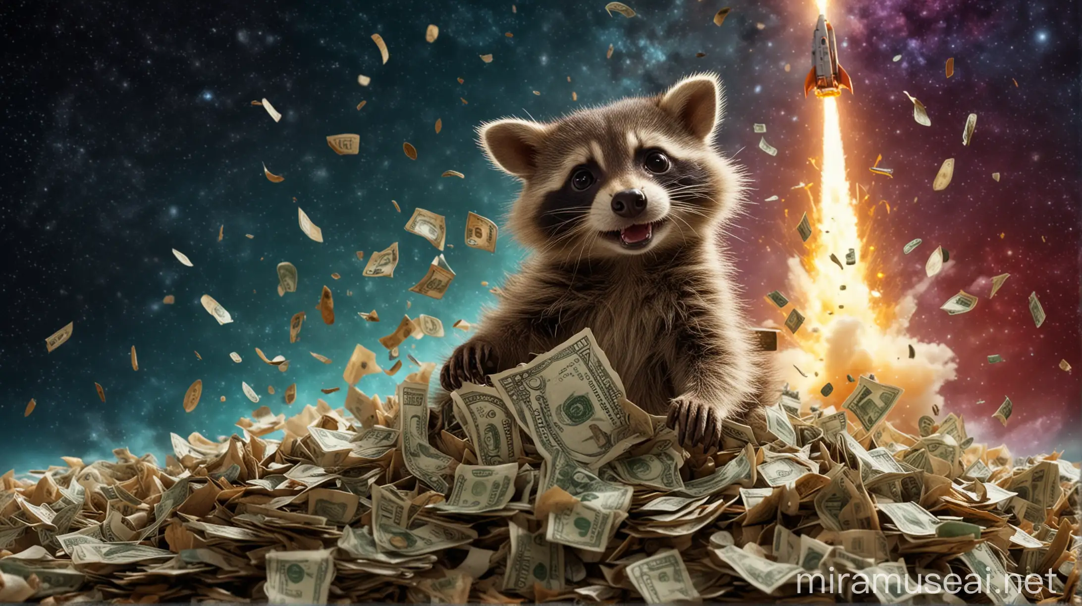 hyperrealistic photo, baby raccoon pedro, With stacks of cash money, flying on a rocket trough vibrant space, cinematic image, --ar 16:9