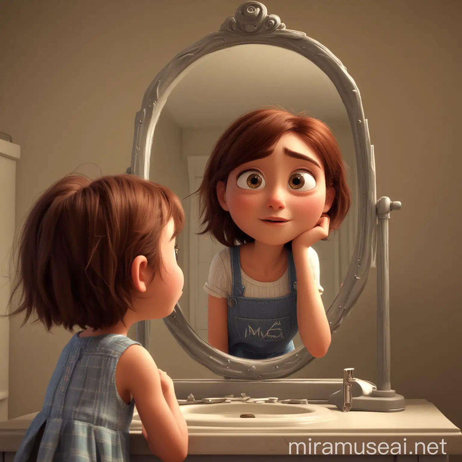 A mother is looking at herself in the mirror， pixar style