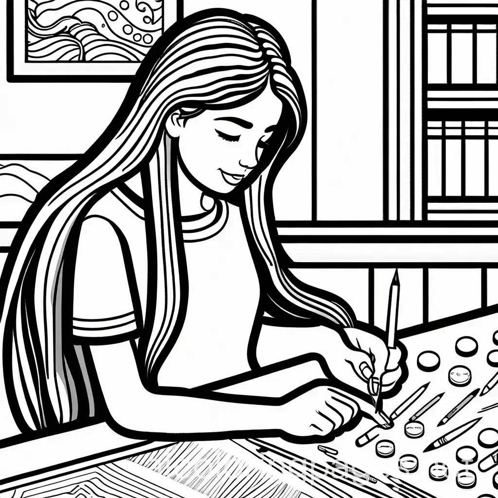 girl with long hair doing her nails, Coloring Page, black and white, line art, white background, Simplicity, Ample White Space. The background of the coloring page is plain white to make it easy for young children to color within the lines. The outlines of all the subjects are easy to distinguish, making it simple for kids to color without too much difficulty