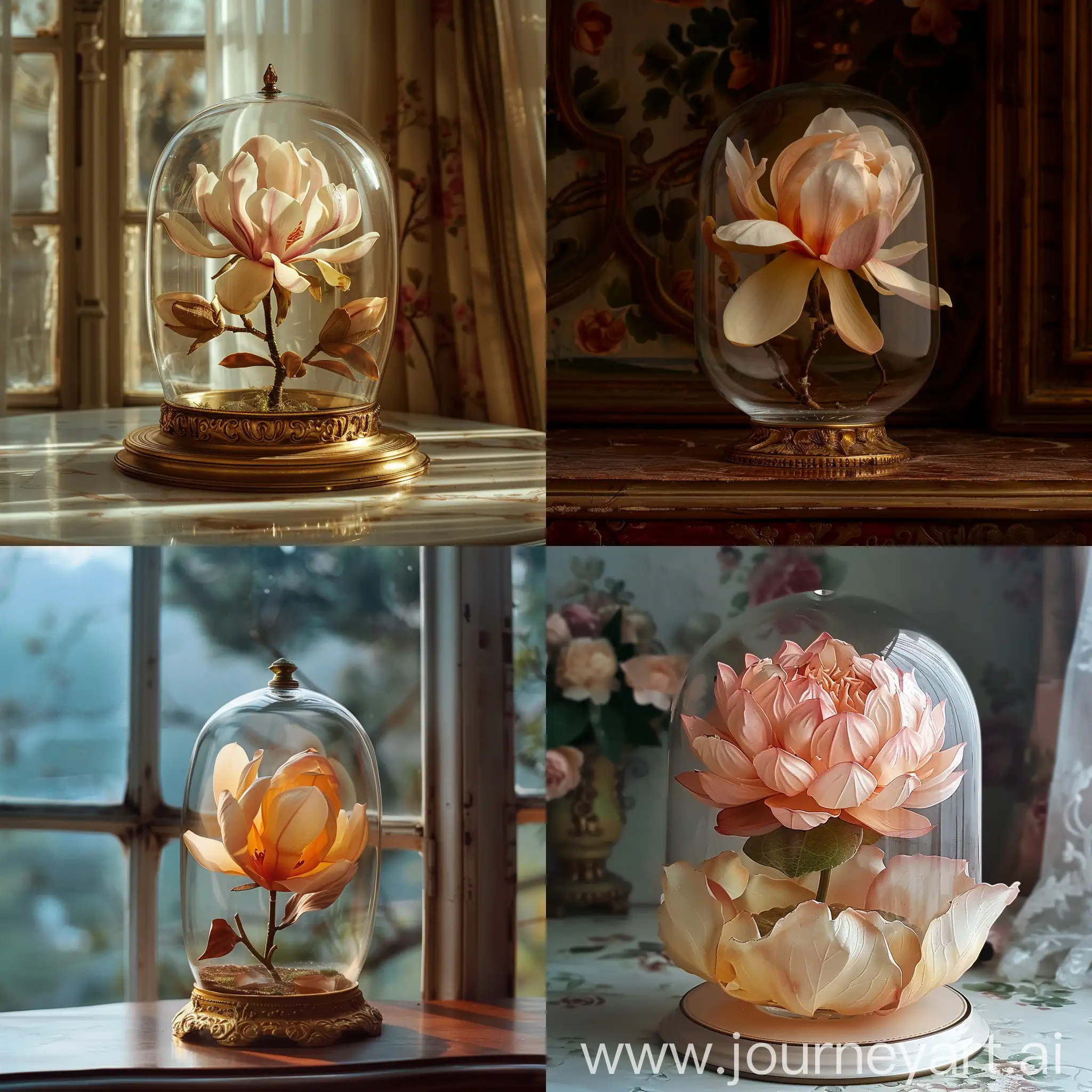 Real and very eye-catching photo of a very beautiful and attractive flower grown in a dome-shaped glass (medium glass size) with a beautiful base, the flower inside the glass is a little smaller than the glass, matte background in a beautiful royal house, morning , masterpiece, beauty in every sense, very realistic, many details, professional photography, (real), dreamy, flowers and glass like the movie Devil and Lovely