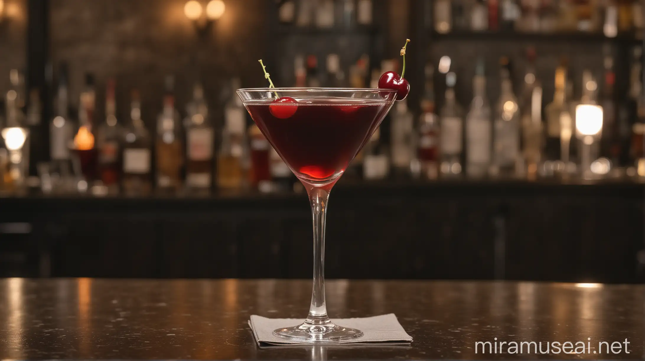 A Manhattan cocktail in a tall Martini glass, served with a cherry garnish. Dark drinks bar in the background.