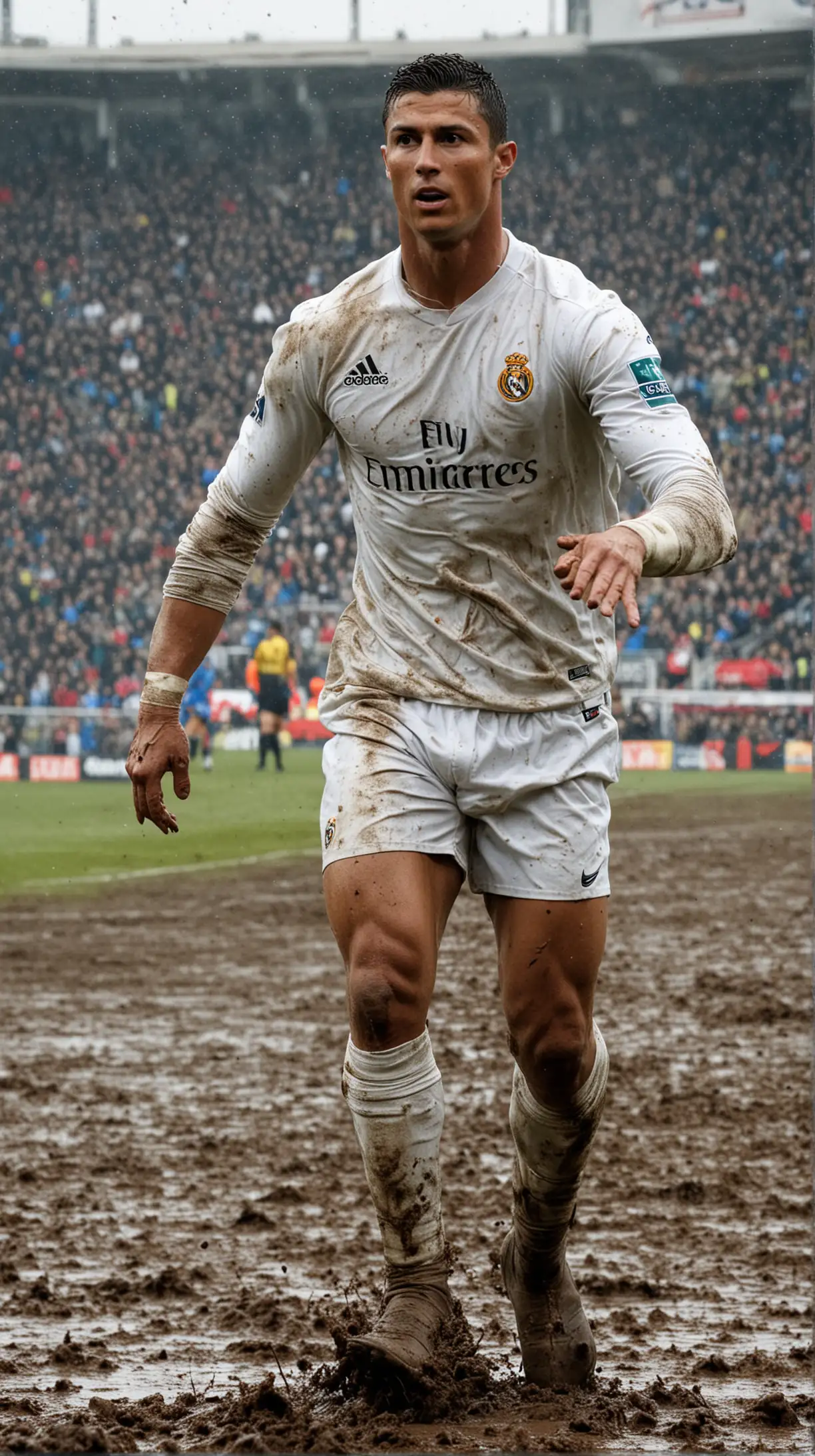 Cristiano Ronaldo is playing rugby in the muddy ground, lots of fans and stadium background 