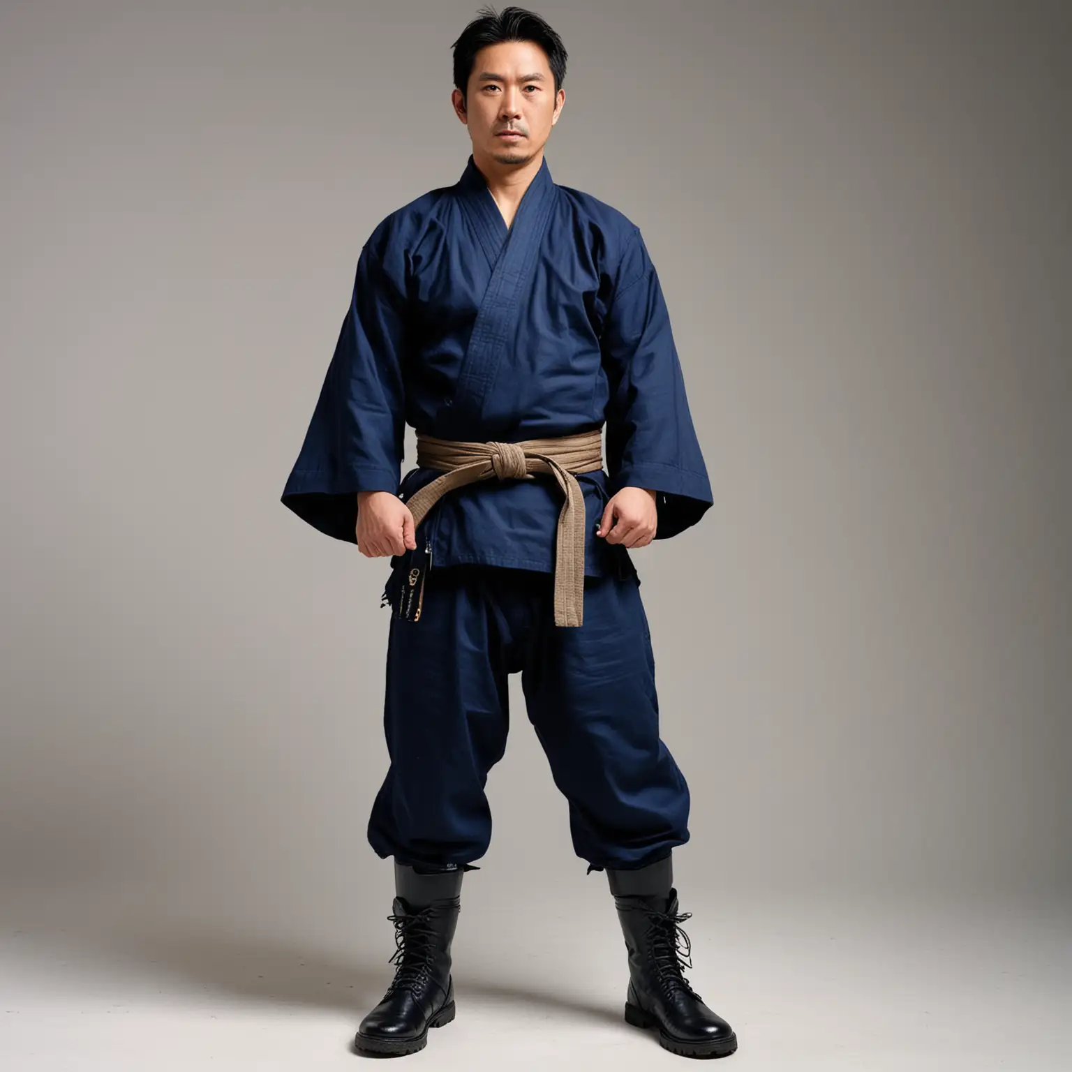 Standing full body shot, looking to the right, strong buff heroic Japanese man in saturated-dark-blue karate gi with large shoulderpads, black turtleneck, turtleneck, black baggy samurai pants, saturated-dark-blue cape, black boots, boots, white background
