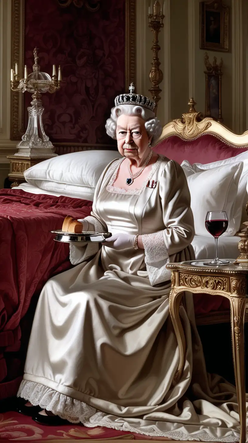 The Queen's Bedchamber - Queen Elizabeth II sits regally in bed, wearing a silk nightgown and lace cap. A royal servant, dressed in traditional butler attire, kneels beside her bed, presenting a silver tray with a covered goblet of red wine and a small plate with a single piece of bread. 