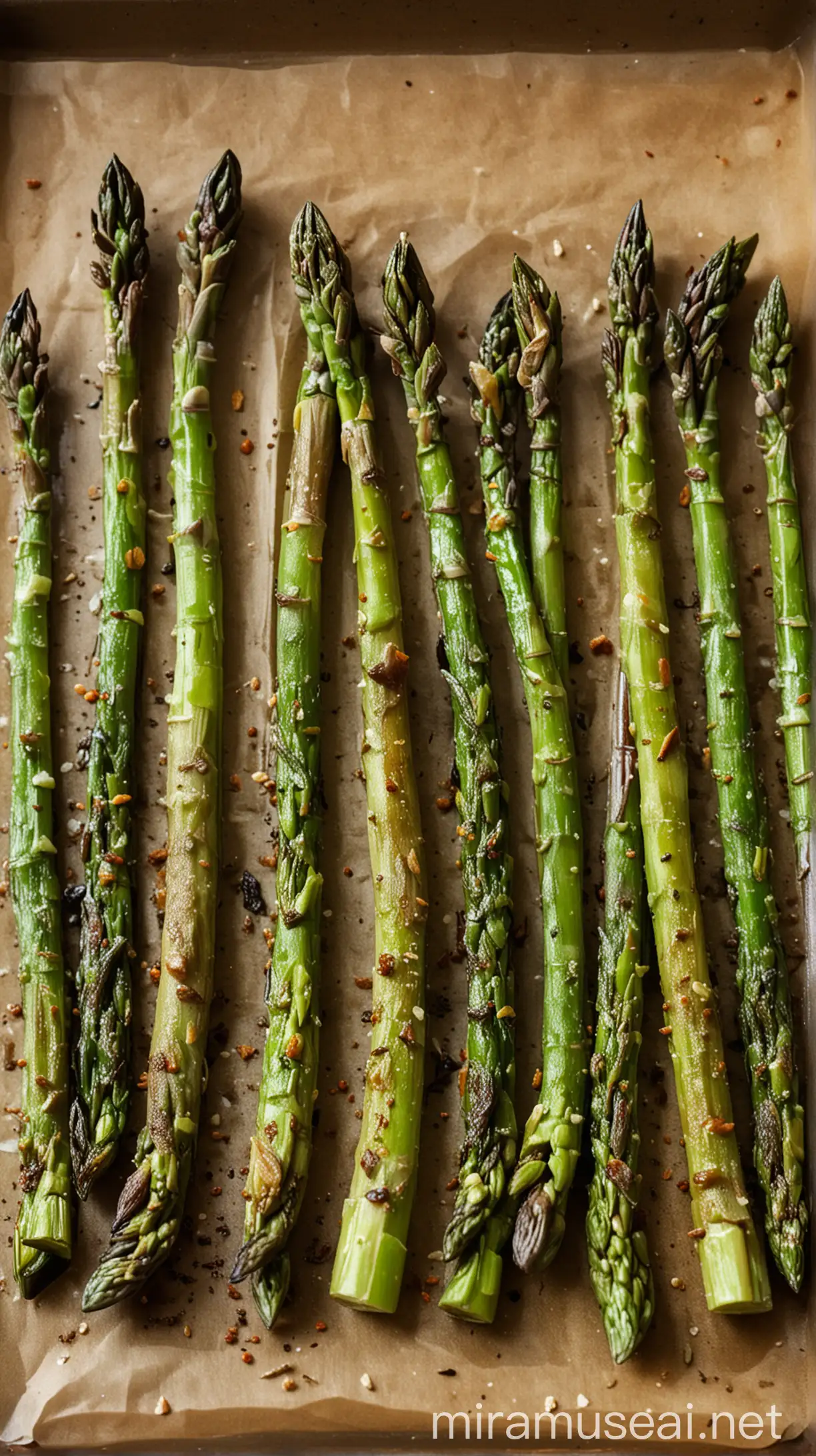 Delicious Roasted Asparagus Tips on Rustic Wooden Platter