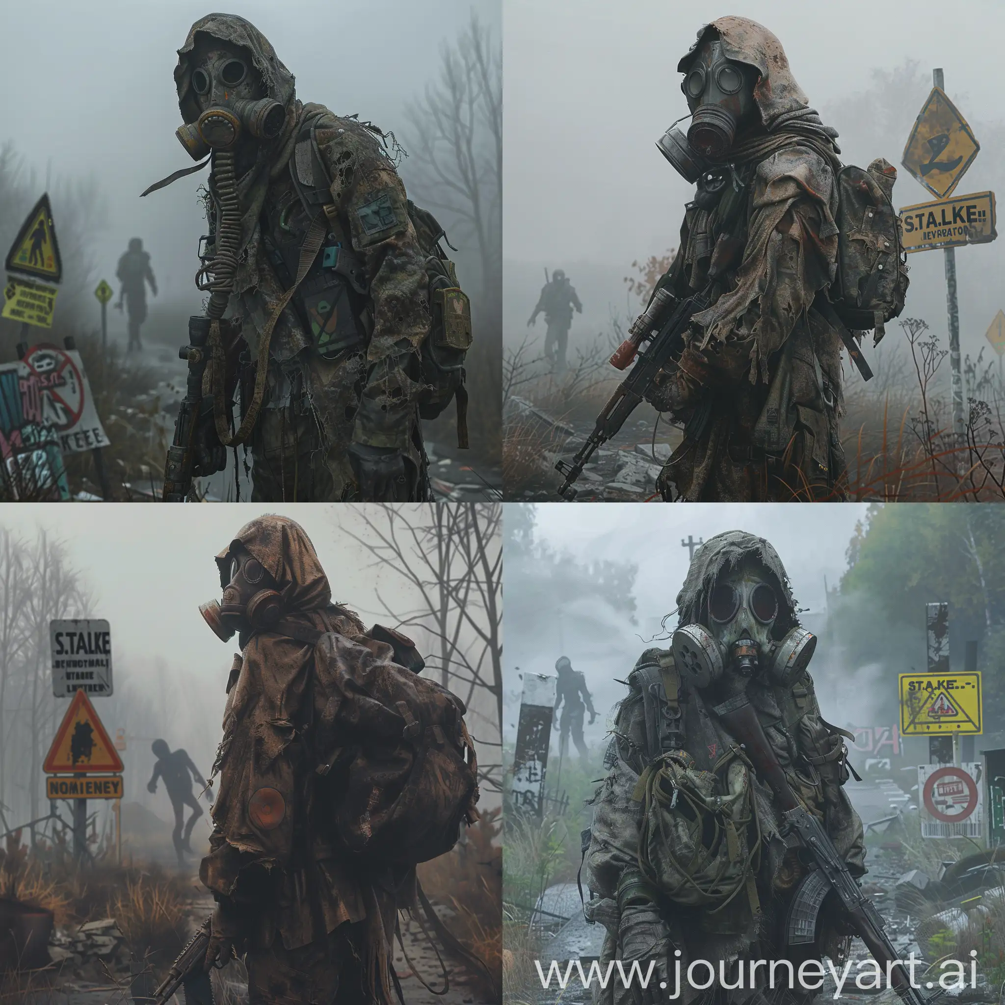 a high quality illustration of a S.T.A.L.K.E.R. The stalker is wearing a gas mask, tattered clothing, and carrying a rifle. The scene is set during a foggy, overcast day, with eerie lighting casting shadows. Show signs of danger like warning signs, scattered artifacts, and distant mutant silhouettes. Capture the essence of survival horror, desolation, and tension in the atmosphere. Include details like cracked gas masks, rusted weapons, and graffiti-covered walls. Render in a dark, gritty style reminiscent of the iconic game, emphasizing the feeling of isolation and dread. Ensure high level of detail in the environment, textures, and character design. Ideal for fans of the S.T.A.L.K.E.R. series and post-apocalyptic settings.