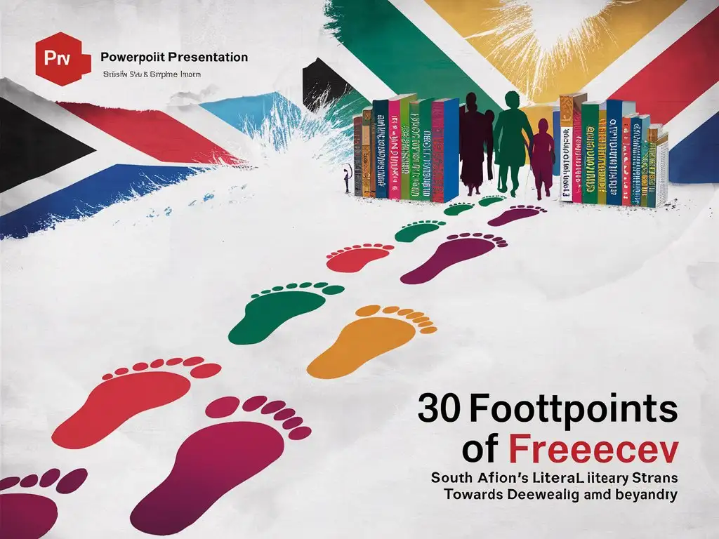 powerpoint presentation cover page, minimalistic children's book animation that showcases a path of visible 10 large vivid human footprints, each one representing a different literary theme or milestone coming from apartheid to modern South Africa and its flag and liberation, Title "30 Footprints of Freedom: South Africa's Literary Strides Towards Democracy and Beyond" silhouettes of the rainbow nations diverse community walking towards books designed with words and letters as they write and read books, white infused