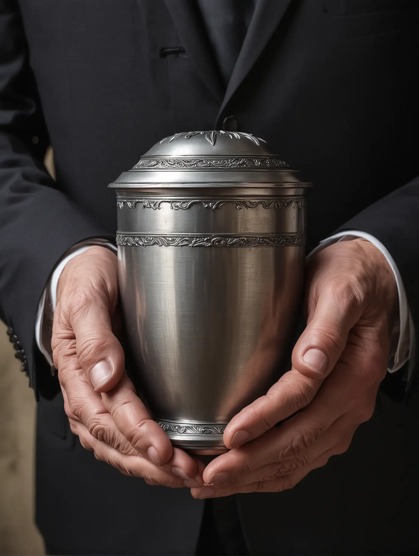 Man in Suit Holding Smooth Metal Funeral Urn