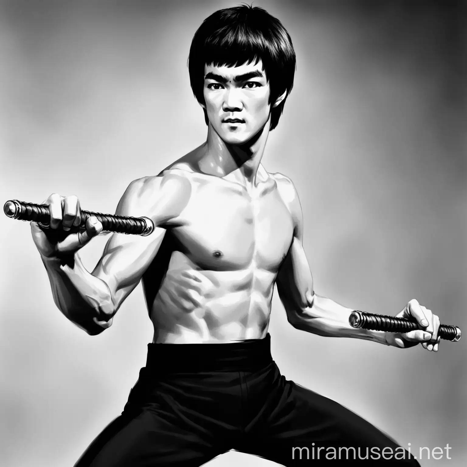 Bruce Lee Martial Arts Master with Nunchucks in Battle Stance