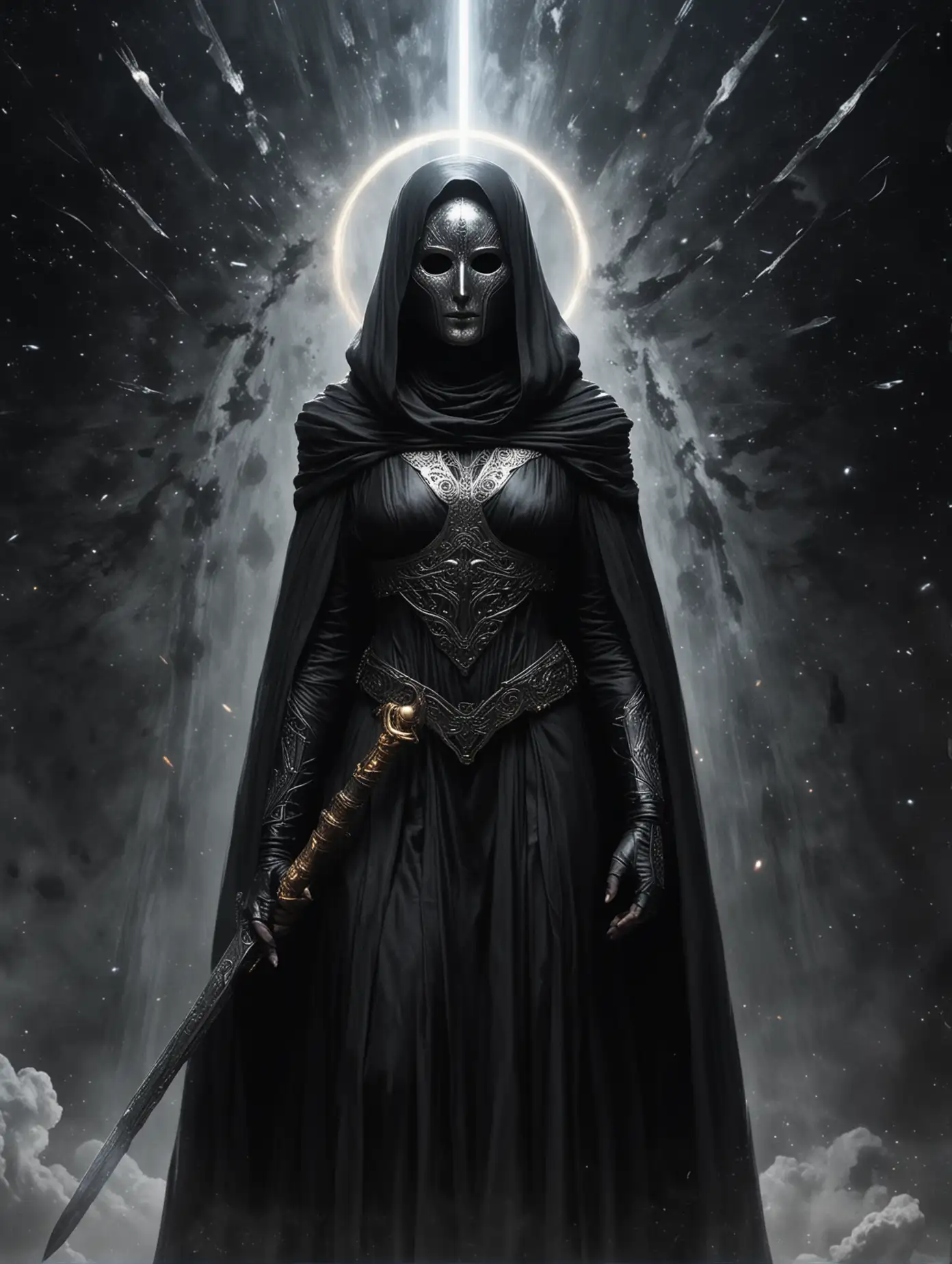 Bene-Gesserit-Sister-in-Space-with-Black-Hole-Background-and-Iron-Mask