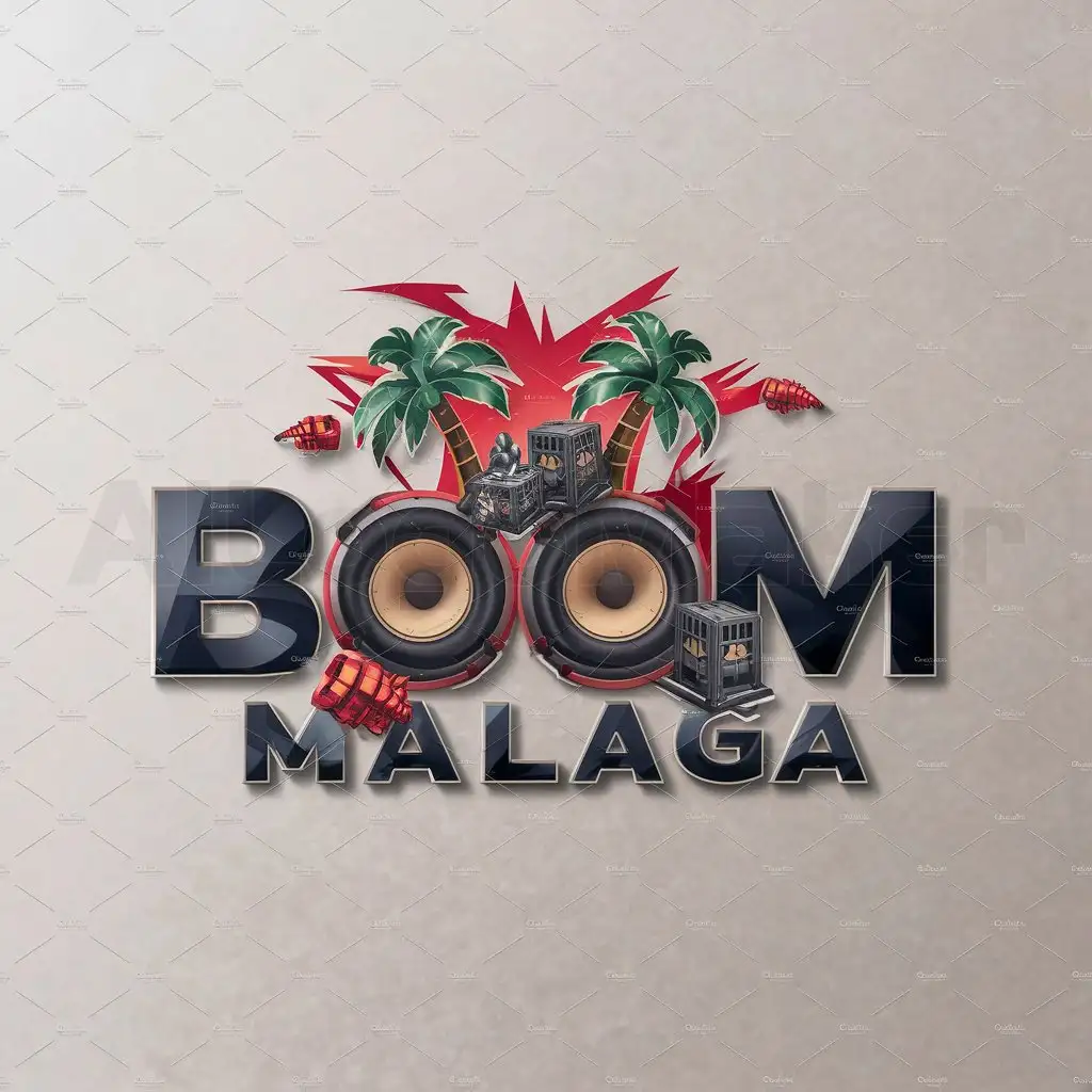 LOGO-Design-For-Boom-Malaga-Vibrant-Speakers-and-Palm-Trees-with-Explosive-Accents