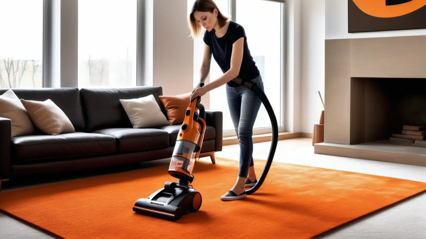 A realistic photo of a 30 year old woman vacuuming an orange carpet with a vacuum cleaner, modern Living room with leather  seating elements, carpeted floor, Natural sunlight, High quality, Real image, Magazine shooting